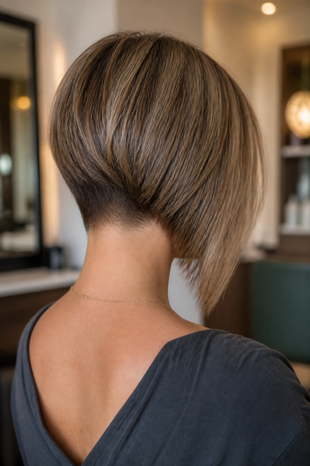 Rear view of a real woman with an asymmetrical nape bob