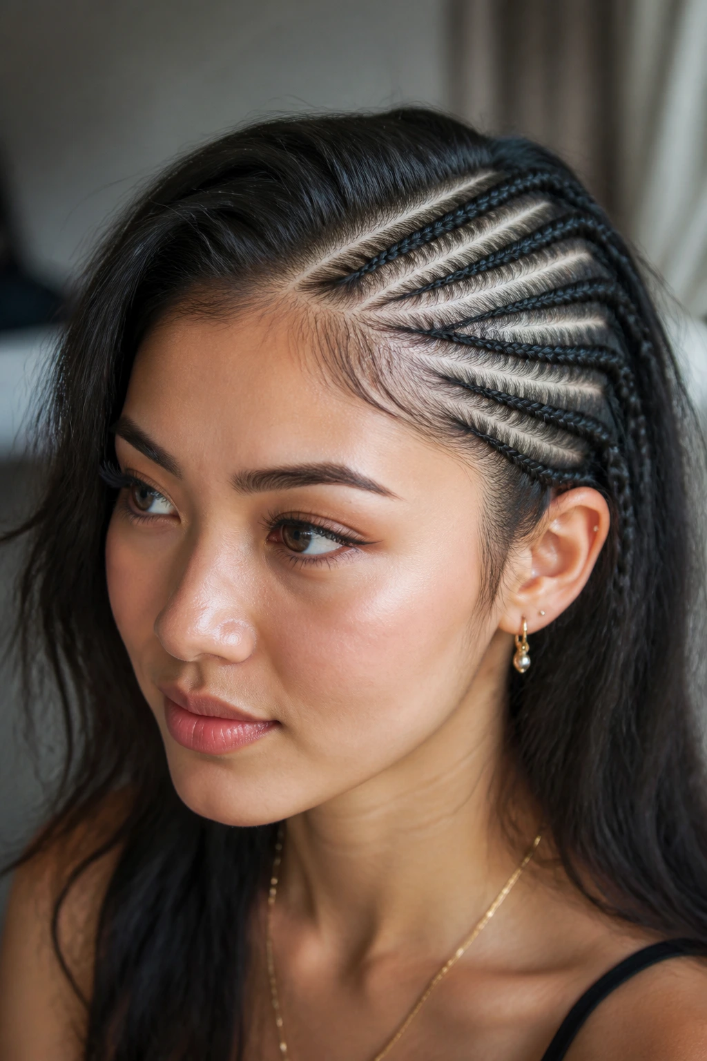 Close-up of a real woman's head with deep side-part cornrows radiating from the part