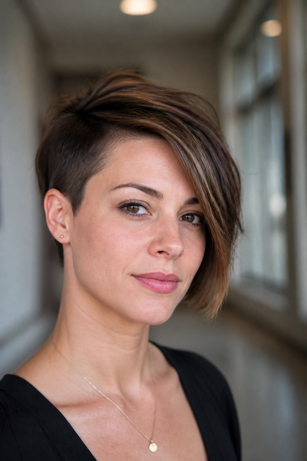 Close-up of a real person with an asymmetrical pixie-bob hairstyle