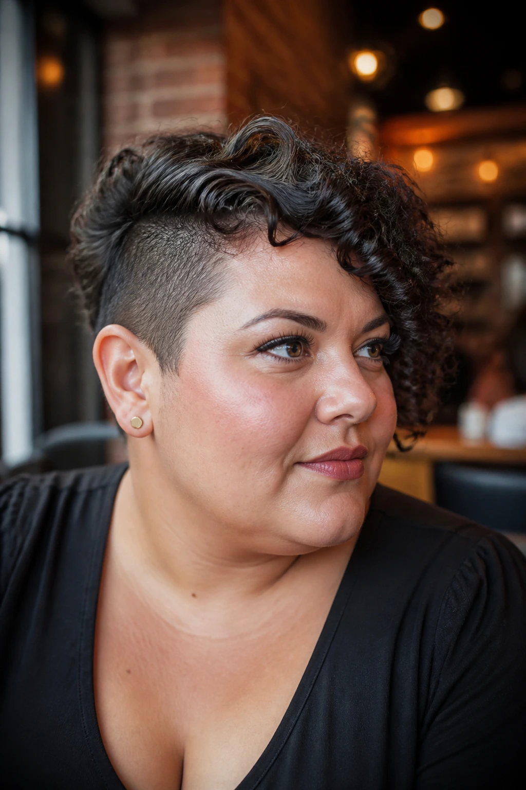 Close-up portrait of a real woman with an asymmetrical pixie cut, shaved side and longer curly top in a cozy cafe.