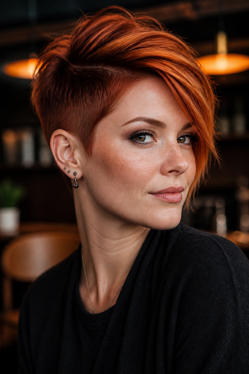 Portrait of a real person with an asymmetrical pixie and deep ginger roots