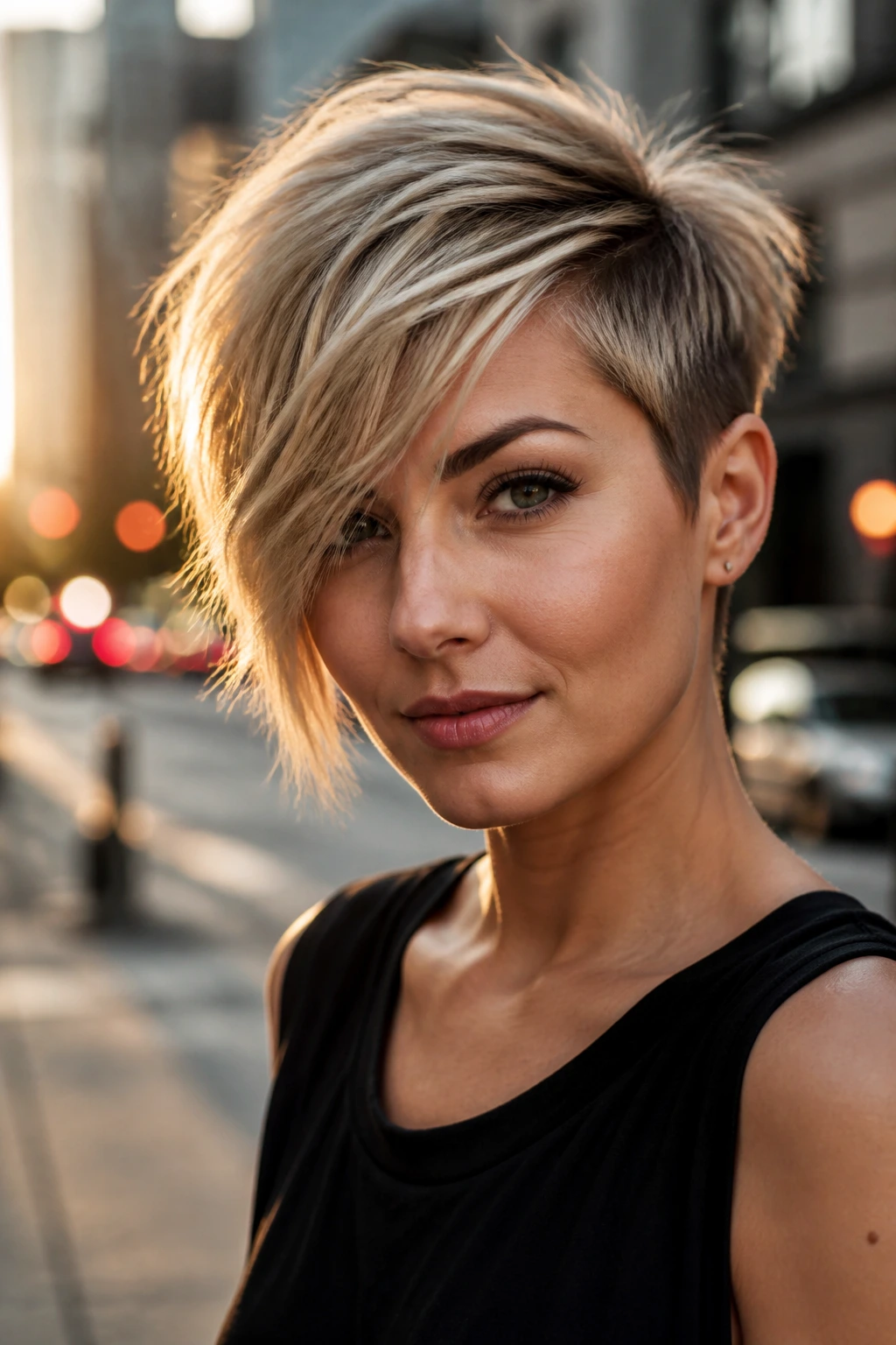 Portrait of a person with an asymmetrical pixie haircut