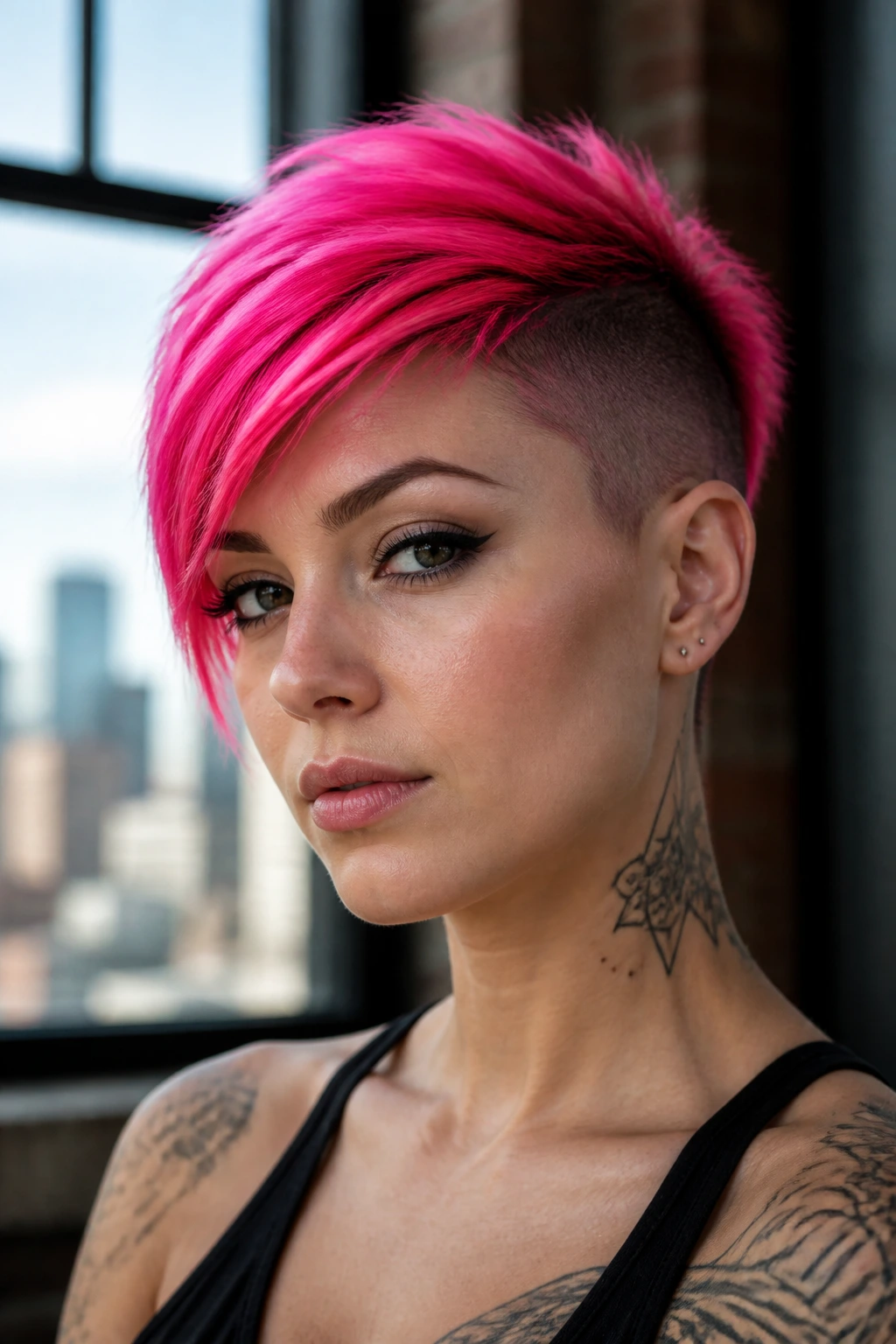 Real person with asymmetrical pixie cut dyed neon pink