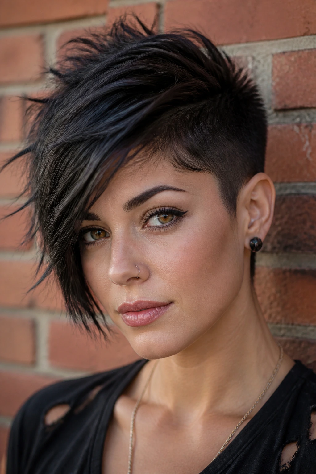 Close-up of a real woman with an asymmetrical choppy pixie and contrasting lengths