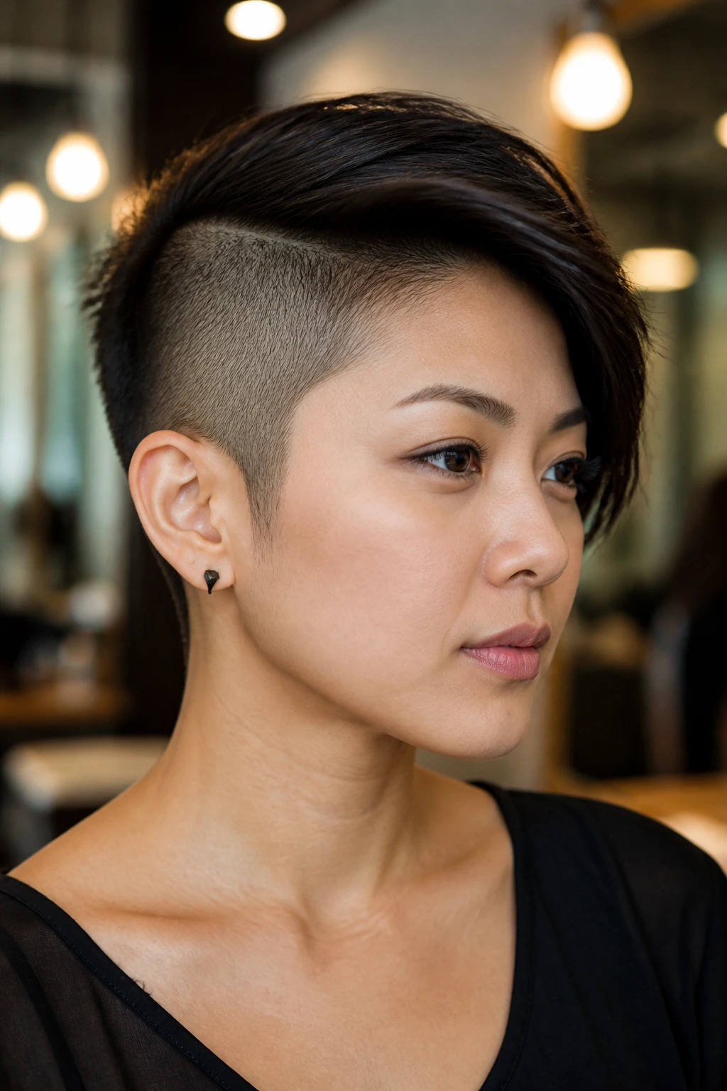 Close-up of an Asian woman showcasing a classic asymmetrical pixie with a half-shaved temple and longer top.
