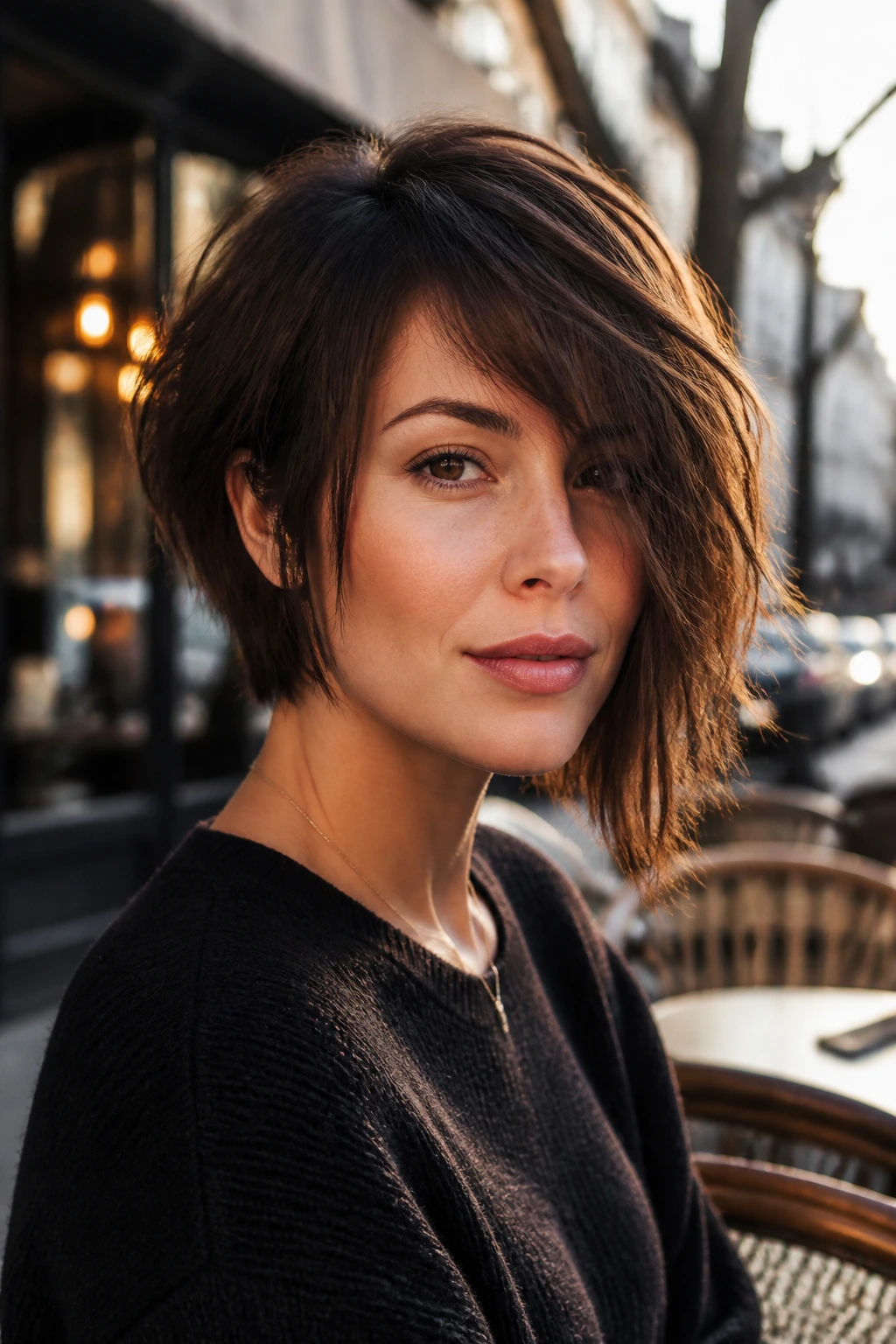 Close-up of a real woman with an asymmetrical shag hairstyle