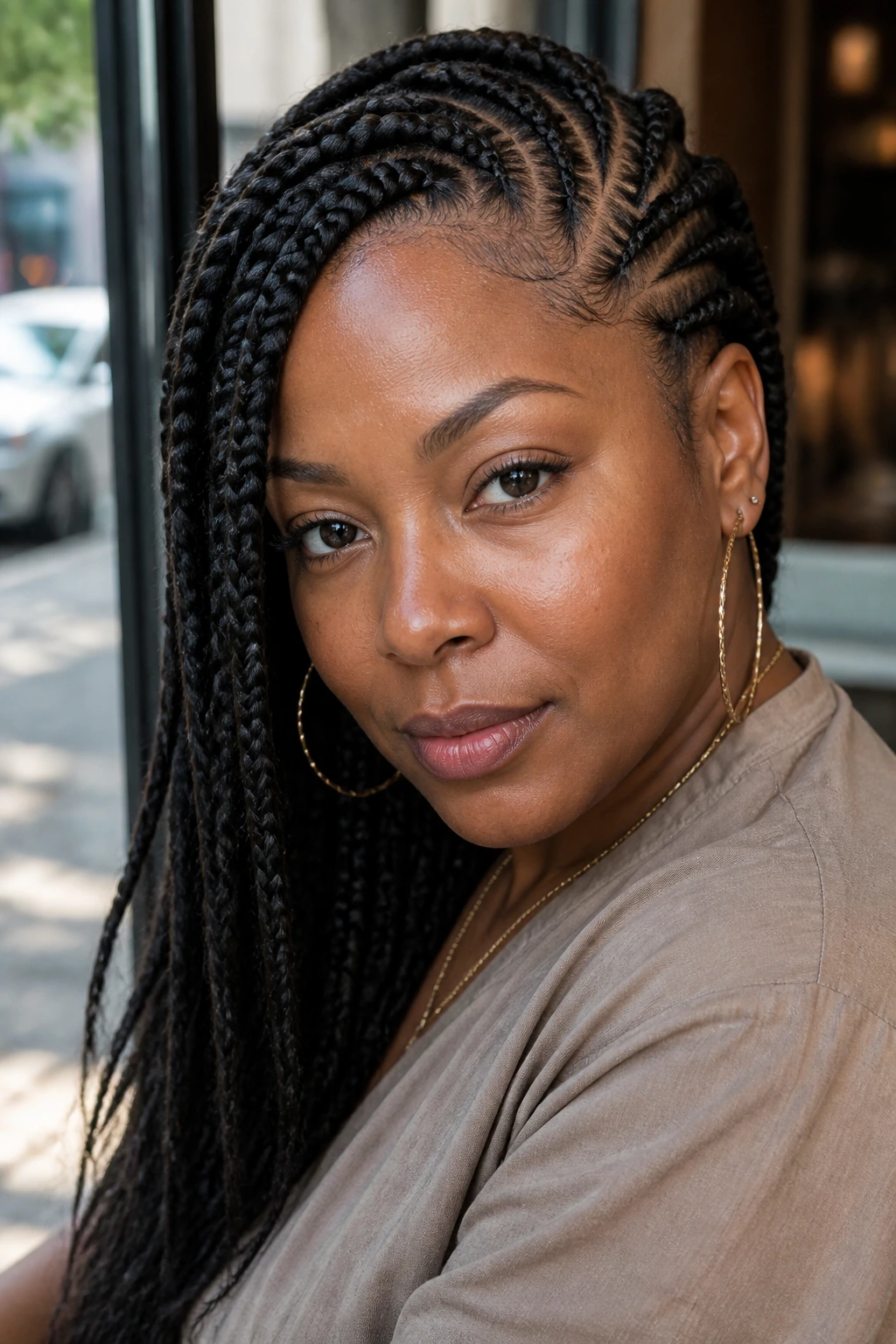 Real woman wearing asymmetrical side-part braids.