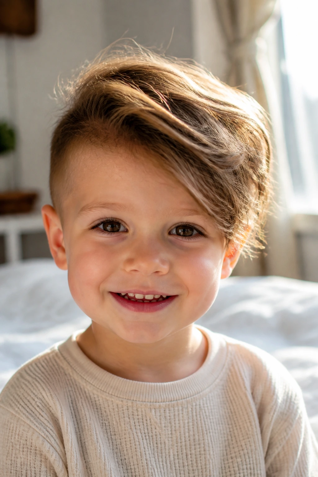 Close-up toddler portrait with asymmetrical side-sweep hairstyle in a sunlit bedroom