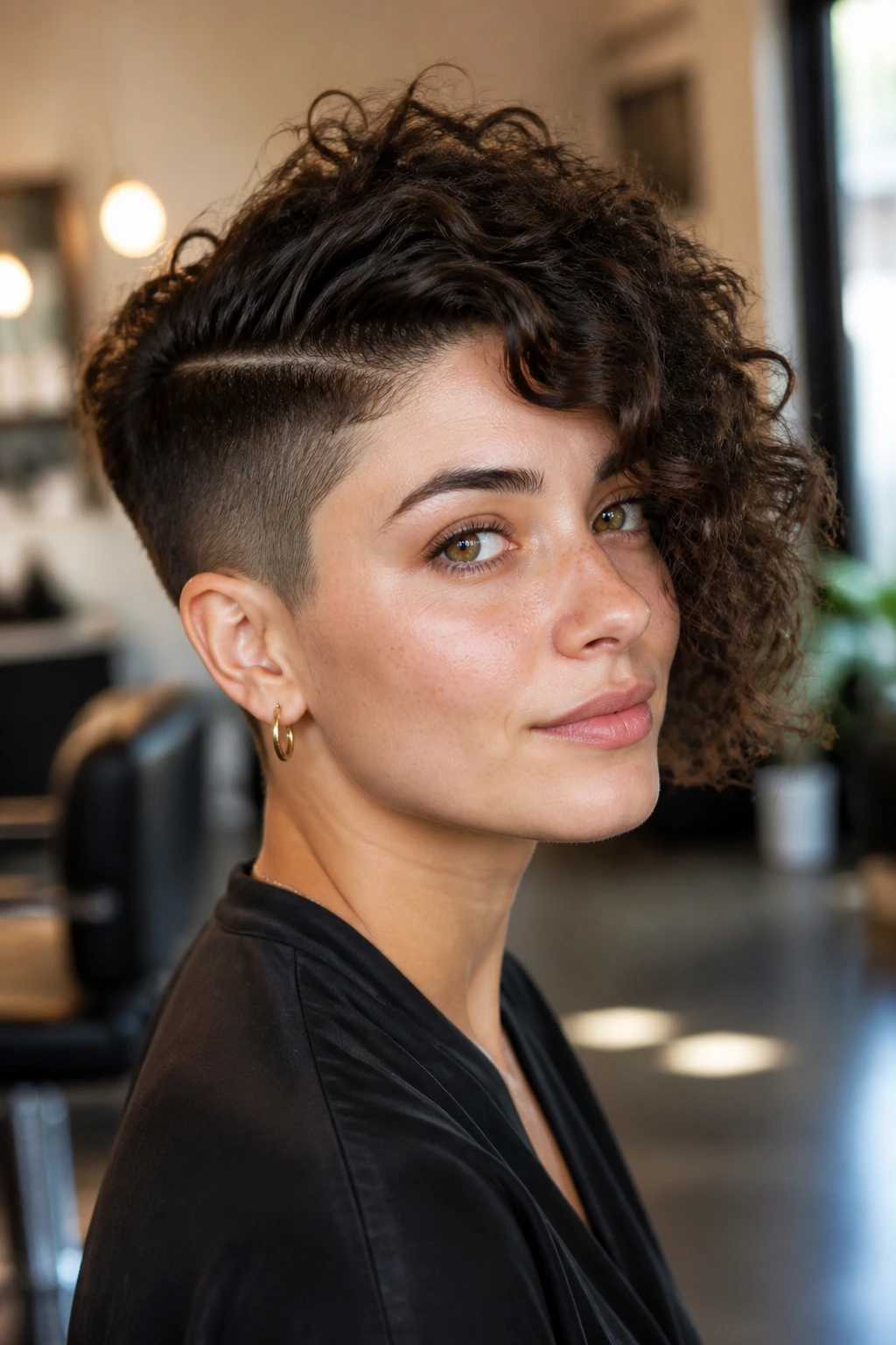 Close-up of a real woman with an asymmetrical undercut bob: shaved side and long curly side.