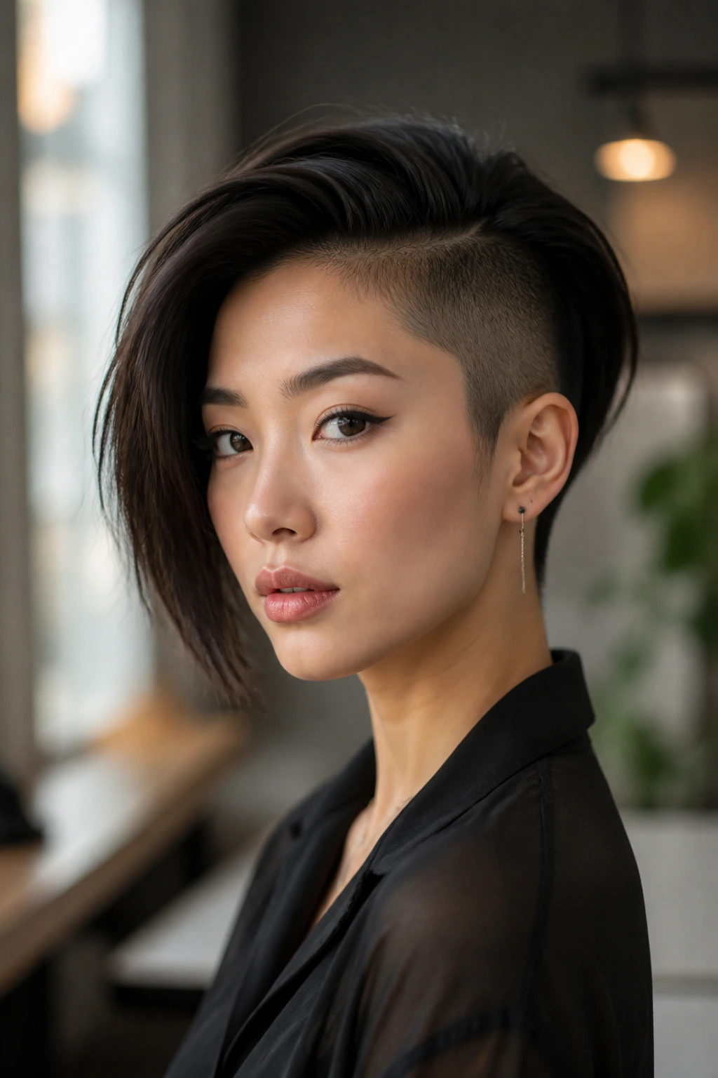 Portrait of a real person with asymmetrical undercut pixie hairstyle
