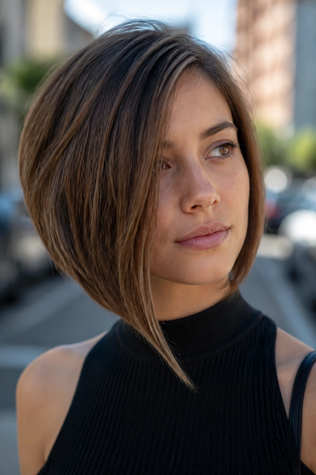 Portrait of a real person with an asymmetrical V-cut on an urban street
