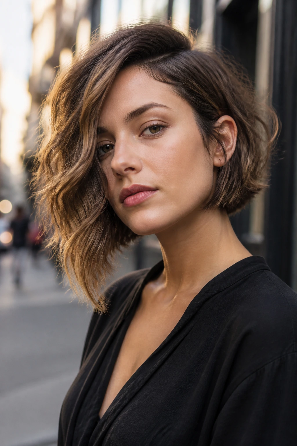 Portrait of a woman with an asymmetrical wavy bob highlighting differing lengths