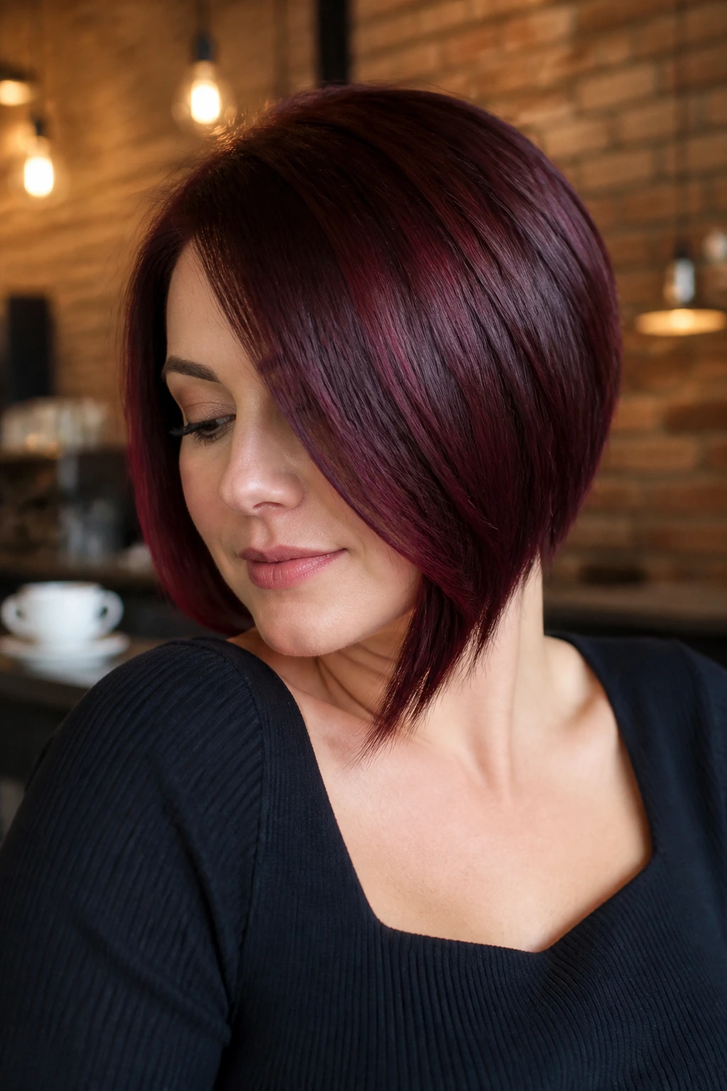 Close-up of a real woman with a deep auburn angled bob and sharp diagonal lines.