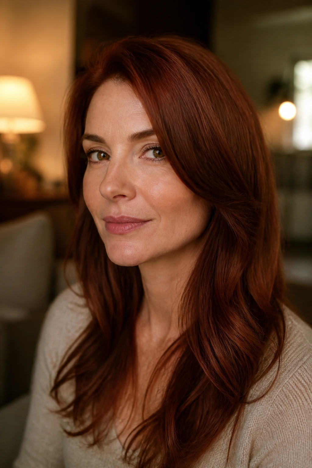 Close-up of a real woman with rich auburn hair, warm and dense
