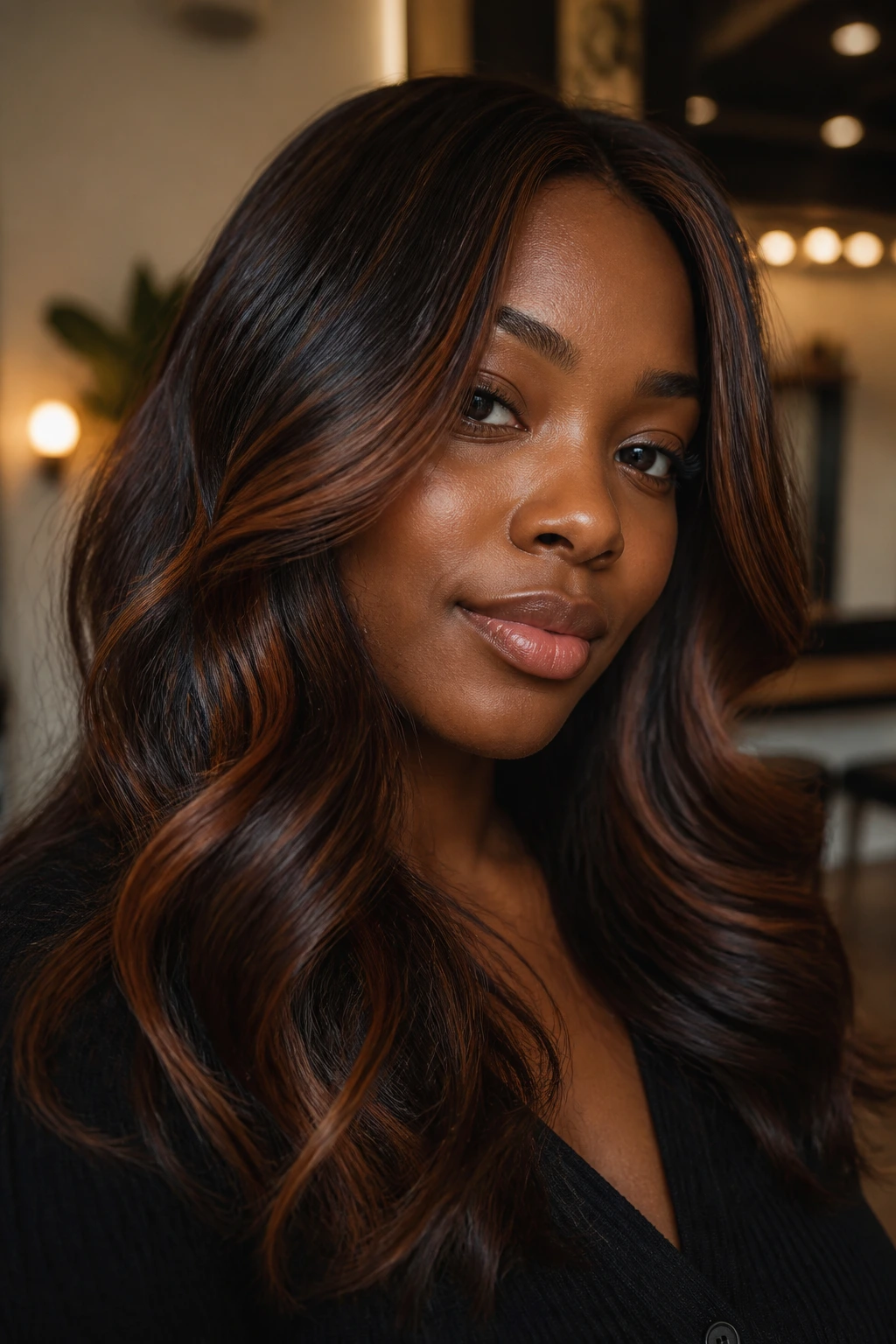 Close-up of a real woman with chocolate hair featuring auburn ribbons around the face