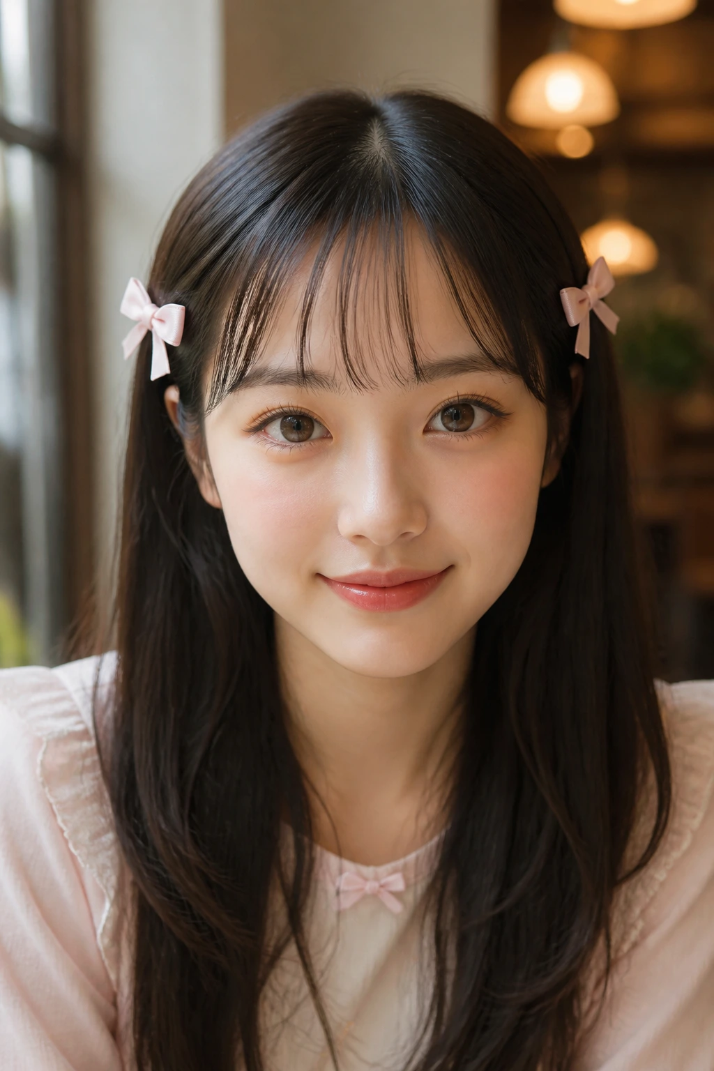 Close-up of a woman with baby bangs and two bows at outer corners