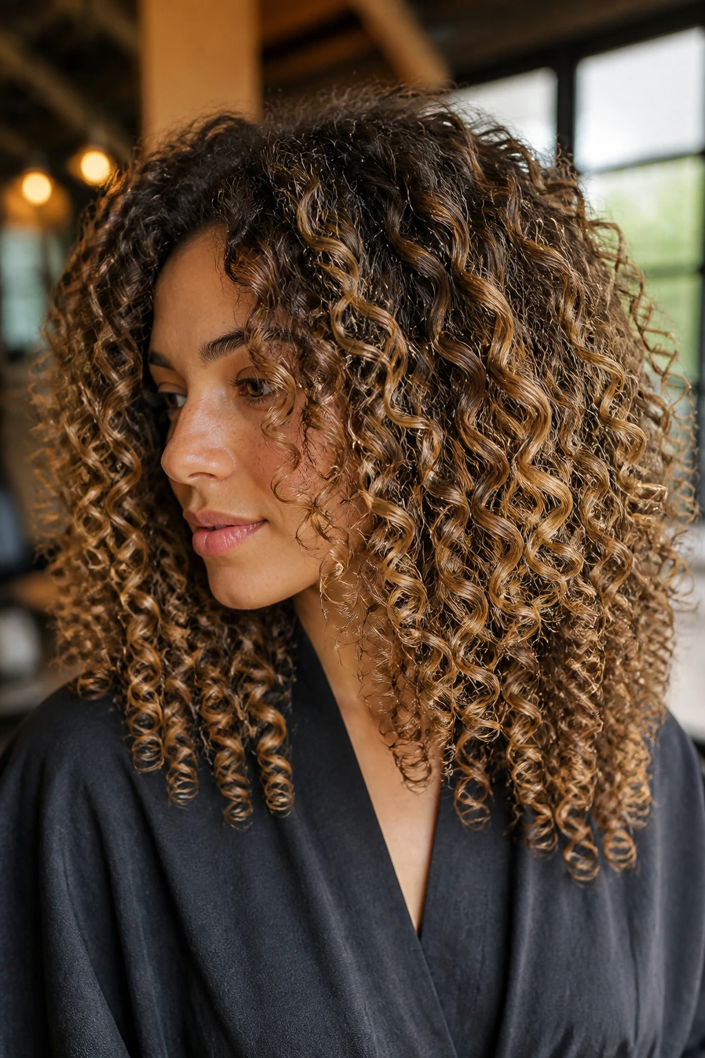 Close-up of curly hair with babylights highlighting the curls