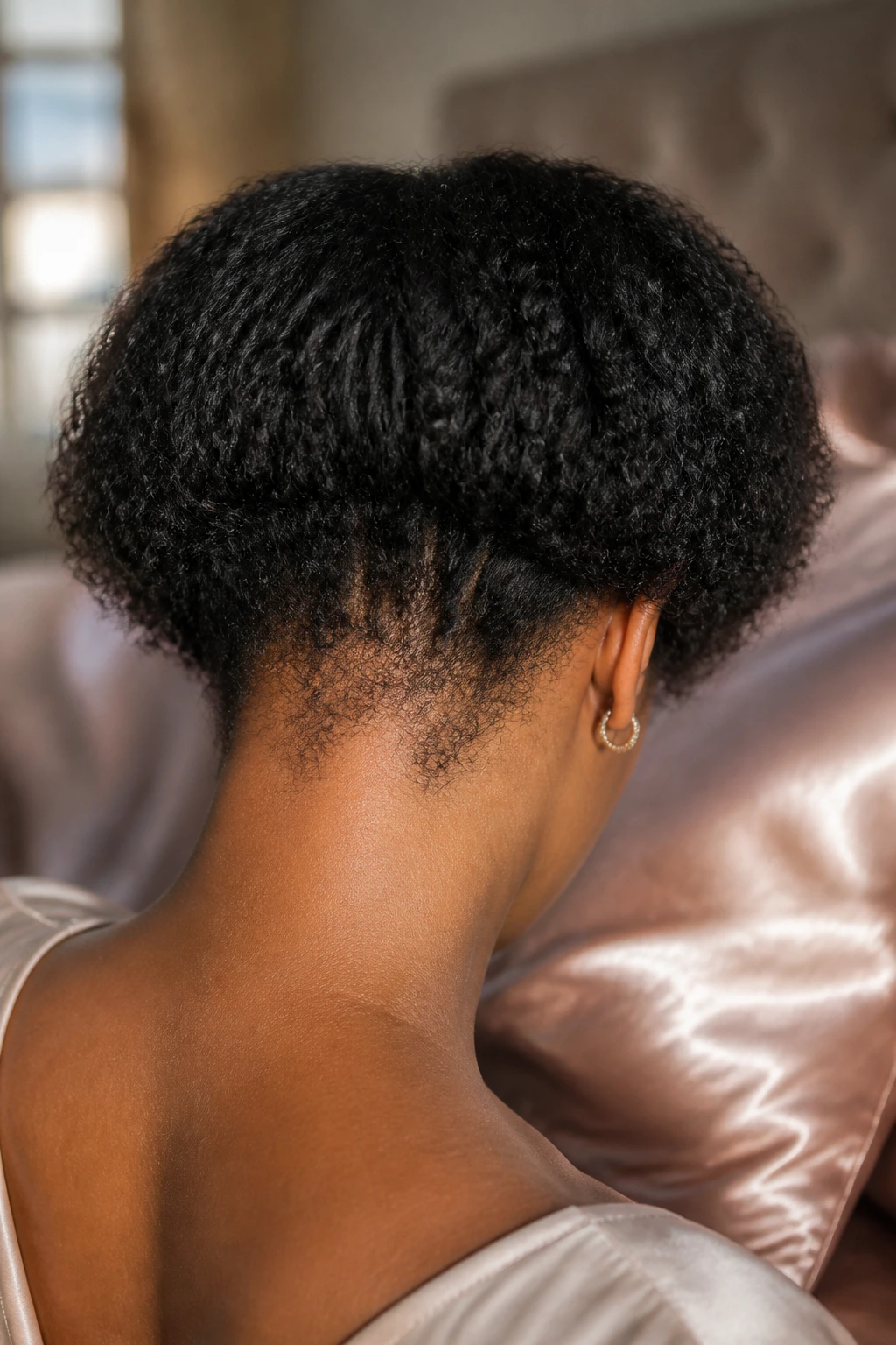 Close-up of the back of a woman's head showing natural hair at the nape with breakage, satin pillowcase in a cozy bedroom.