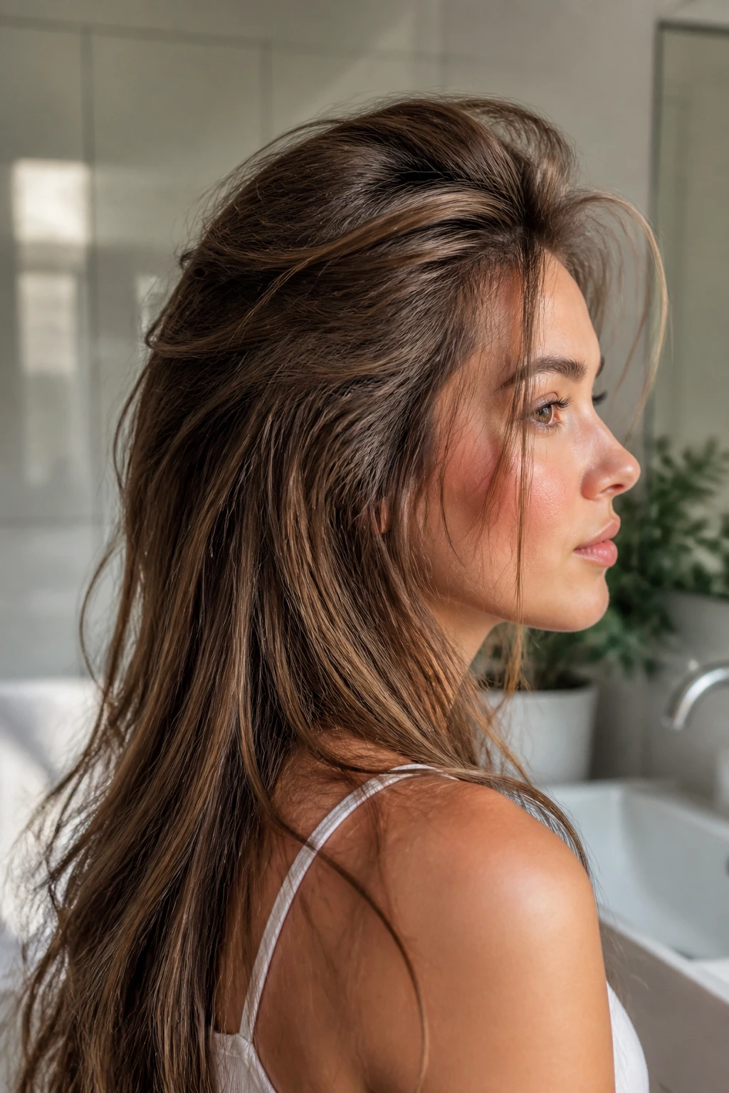 Real woman with backcombed crown and airy volume from dry shampoo