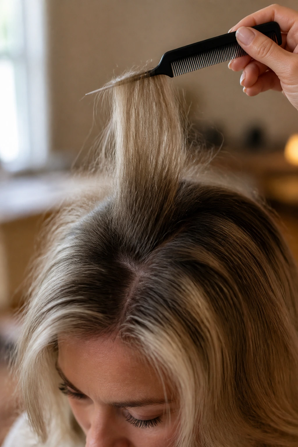 Close-up of crown being teased with a fine-tooth comb for volume