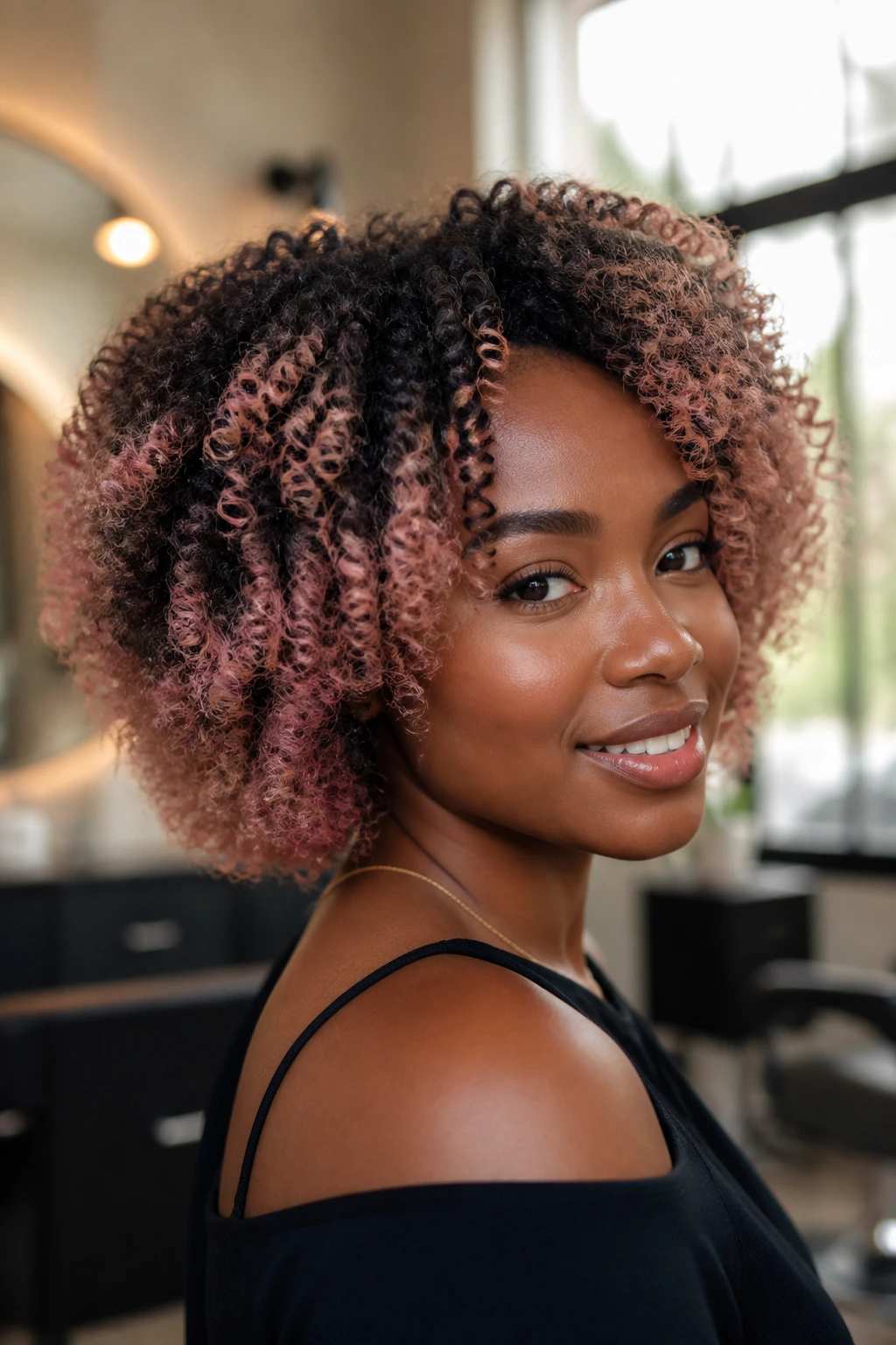 Close-up of real person with rose quartz balyage on tight coils