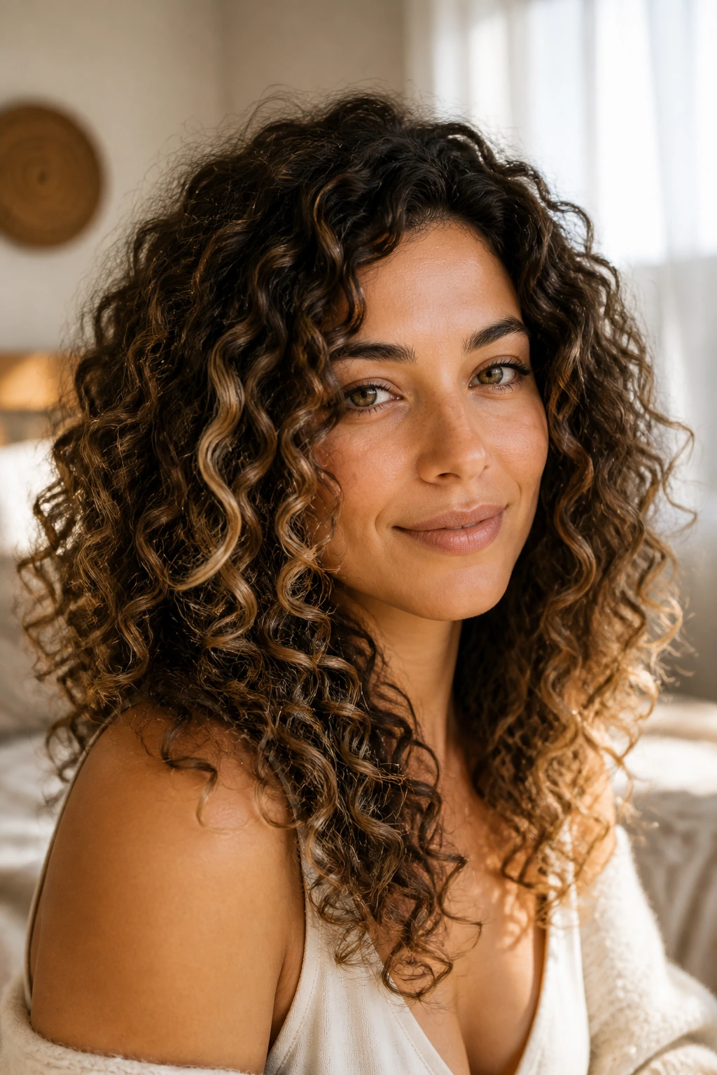 Close-up of a real woman with curly balayage highlights in sunlit bedroom