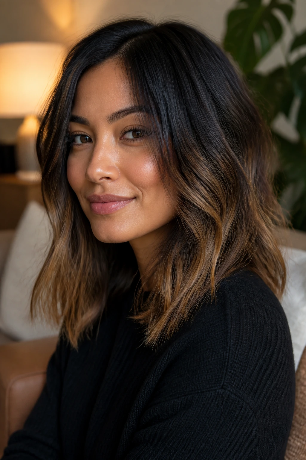 Real woman with dark textured hair showing subtle gold balayage.