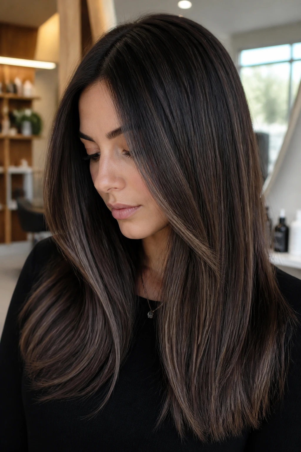 Real woman with espresso balayage and ash ribbons in hair
