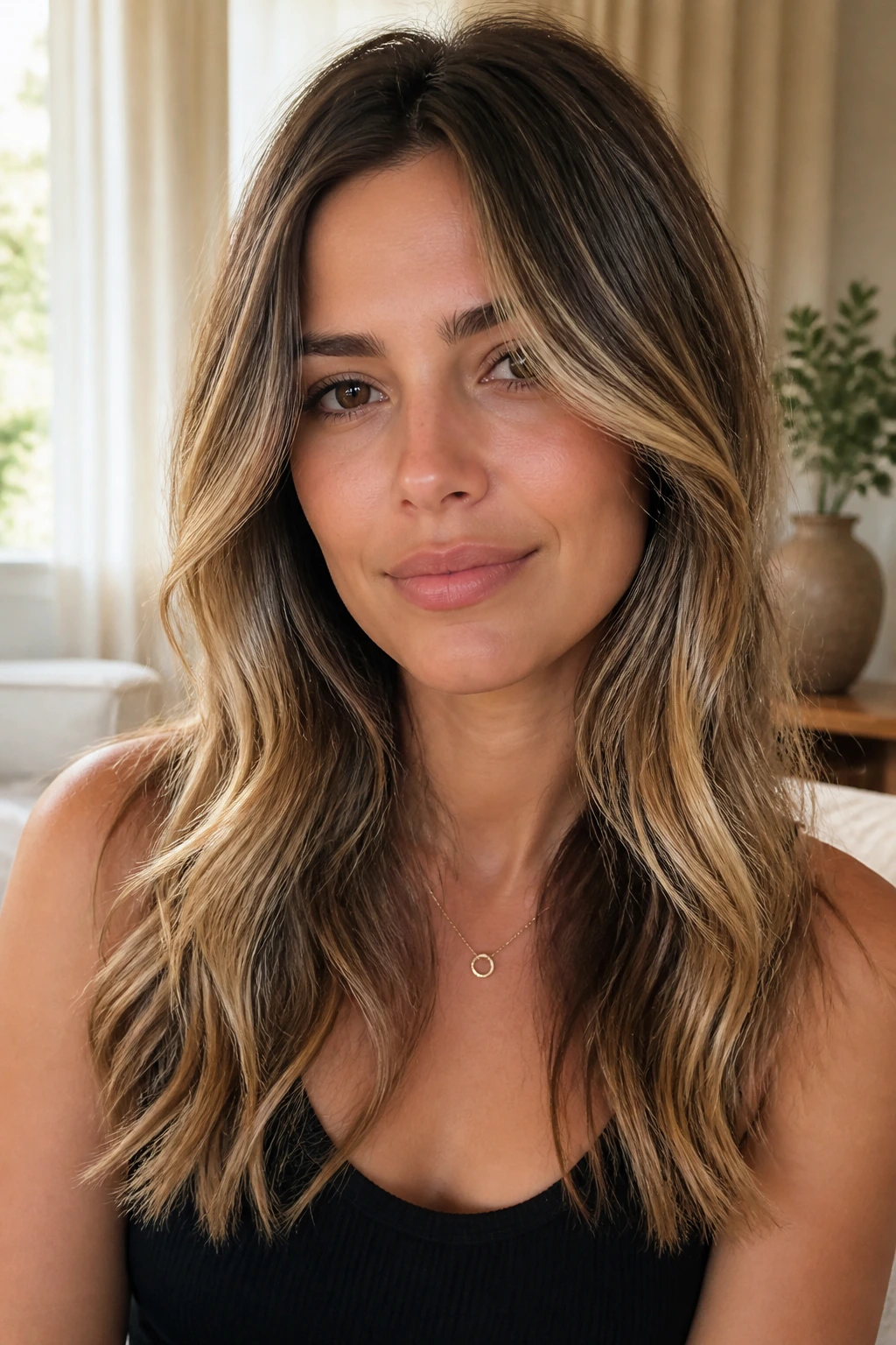 Close-up of a real woman with balayage highlights in sunlit room