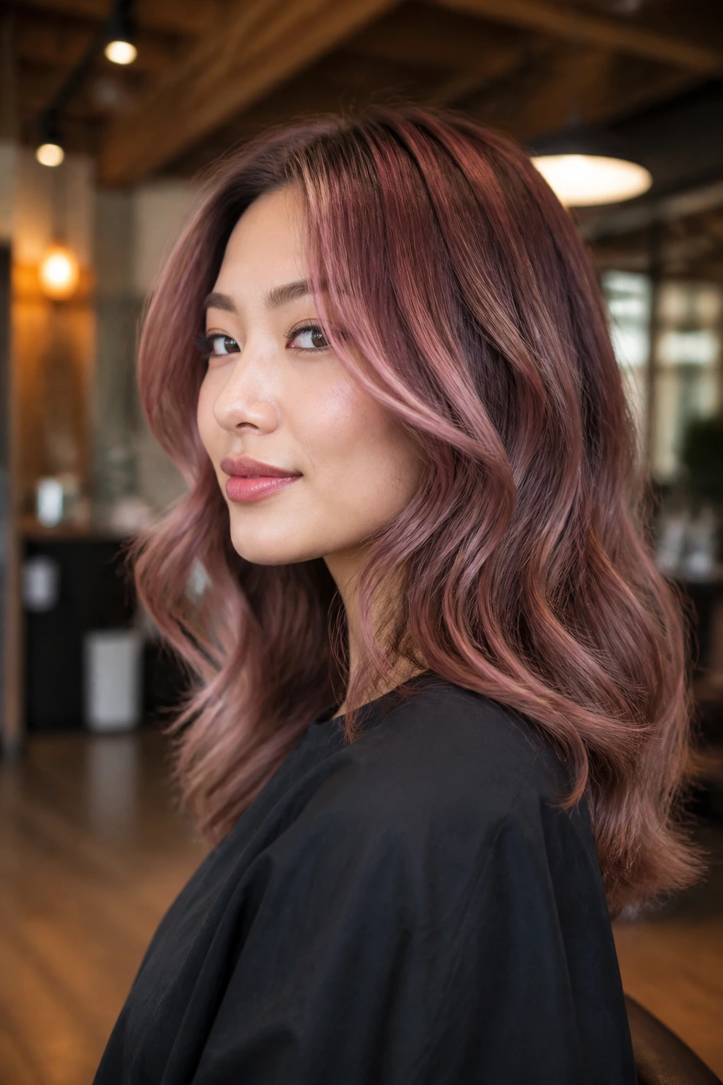 Real person with balayage providing natural depth to rose wine hair