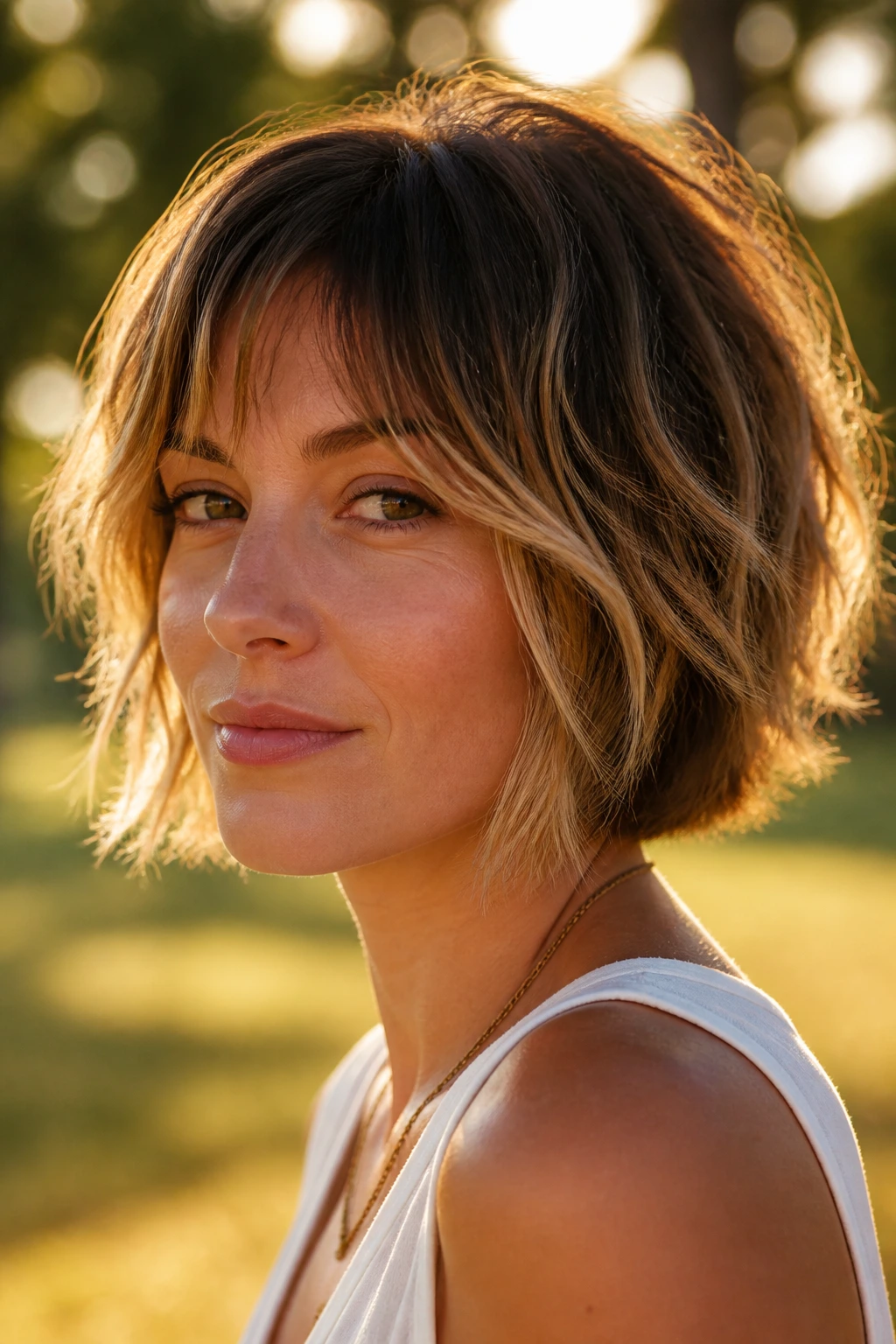 Close-up of a real woman with sun-kissed balayage shag hairstyle