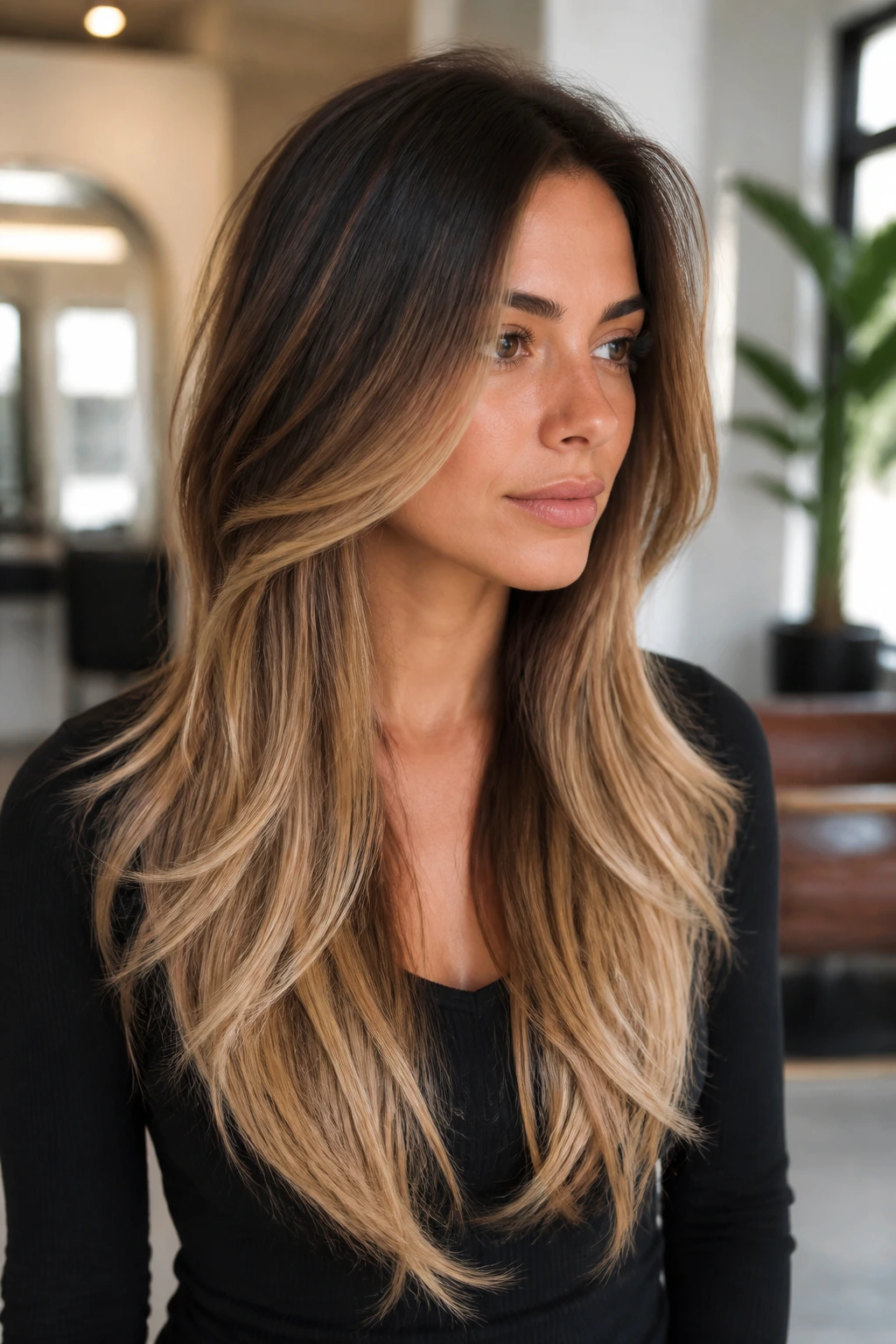Real woman's long-layered V-cut with balayage highlighting tips.
