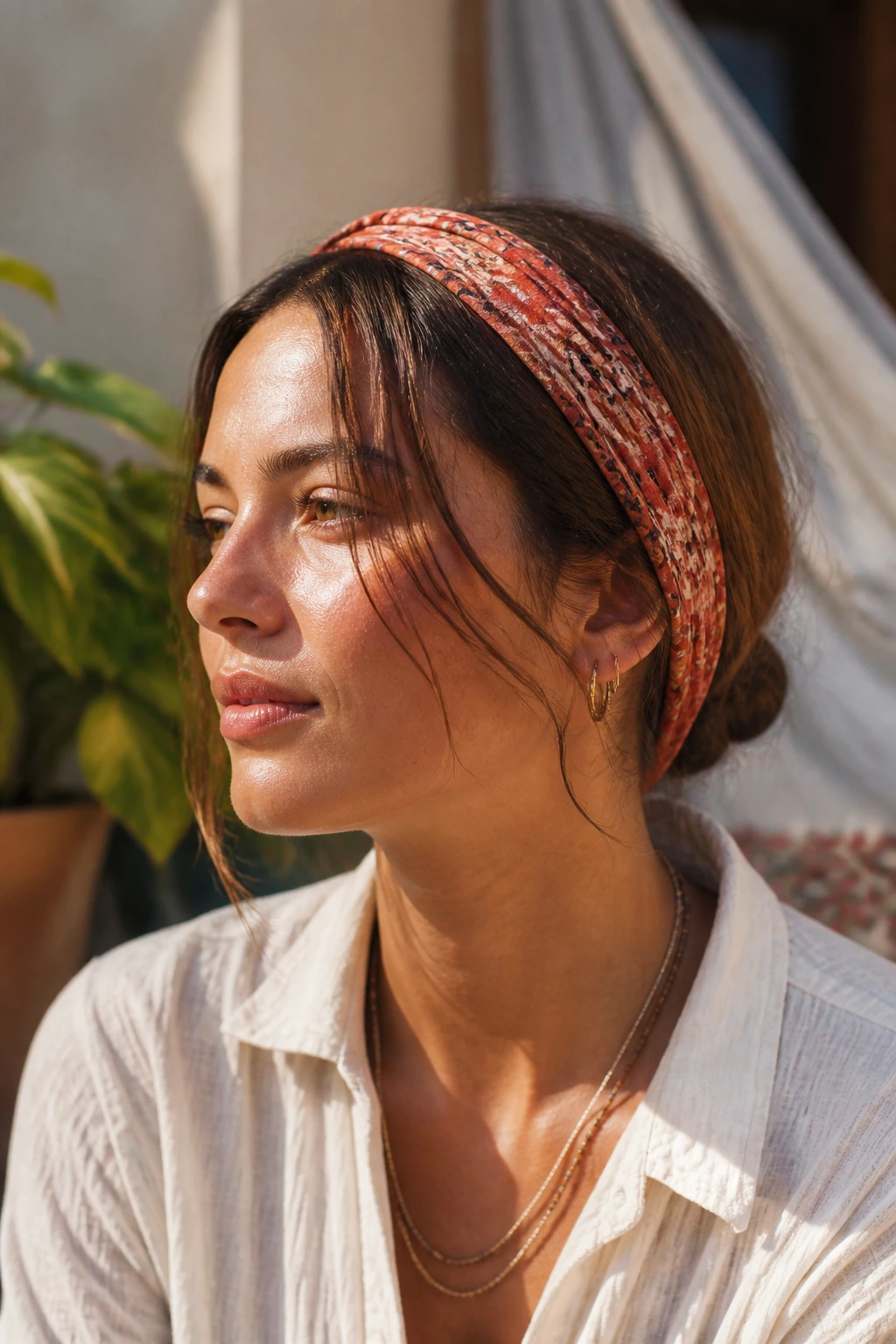Close-up portrait of a real person wearing a bandana folded into a headband with hair tucked underneath