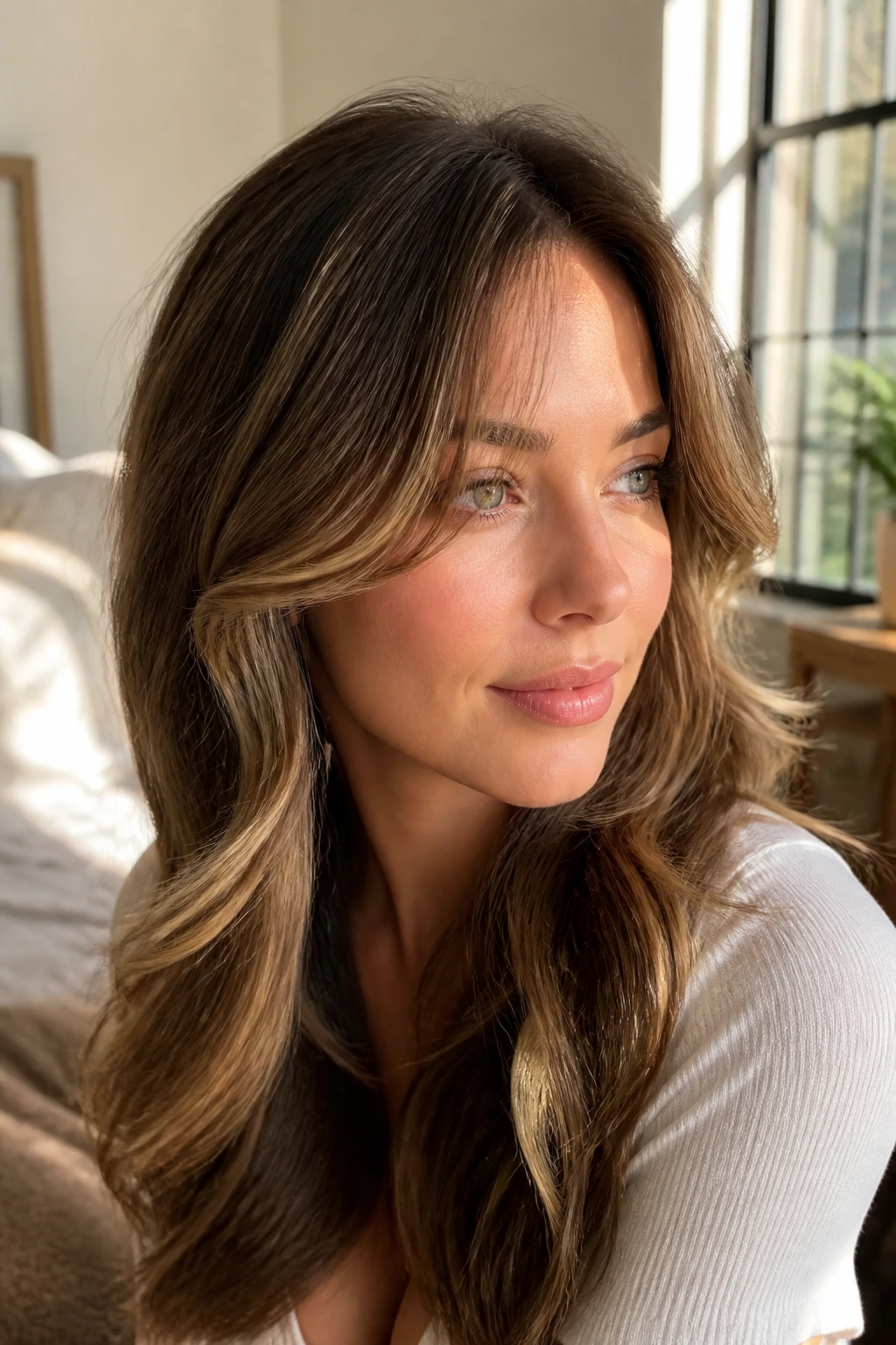 Close-up of bangs and front layers styled away from face