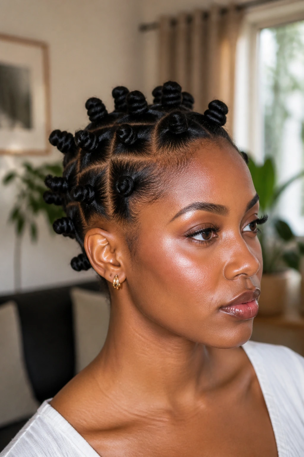 Close-up of a real woman with bantu knot out hairstyle