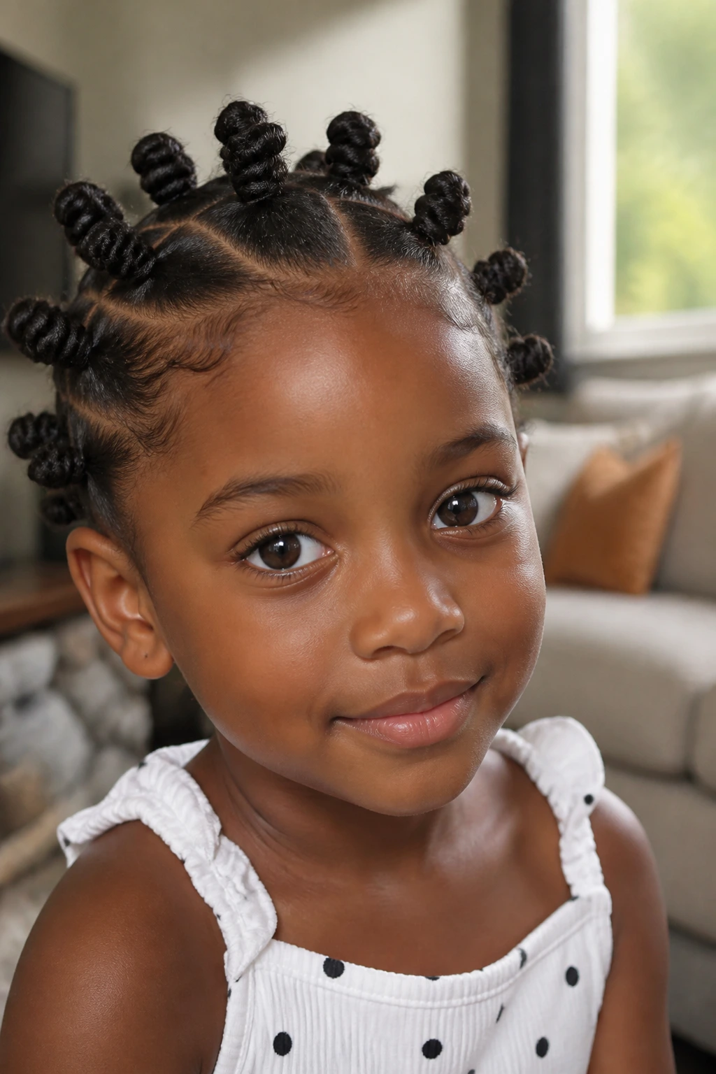 Close-up of a real child with neat bantu knots all over the scalp