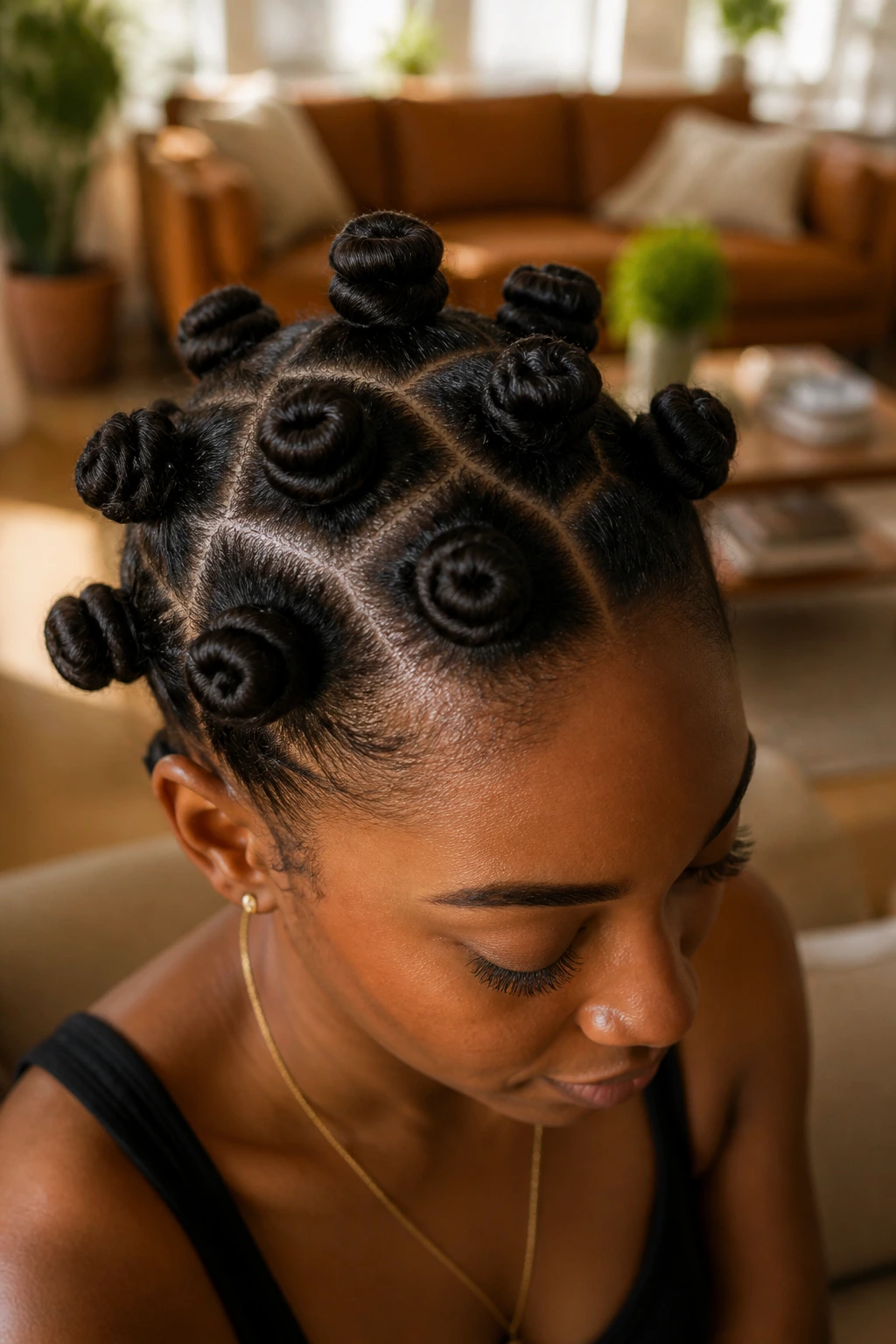 Woman with Bantu knots hairstyle indoors