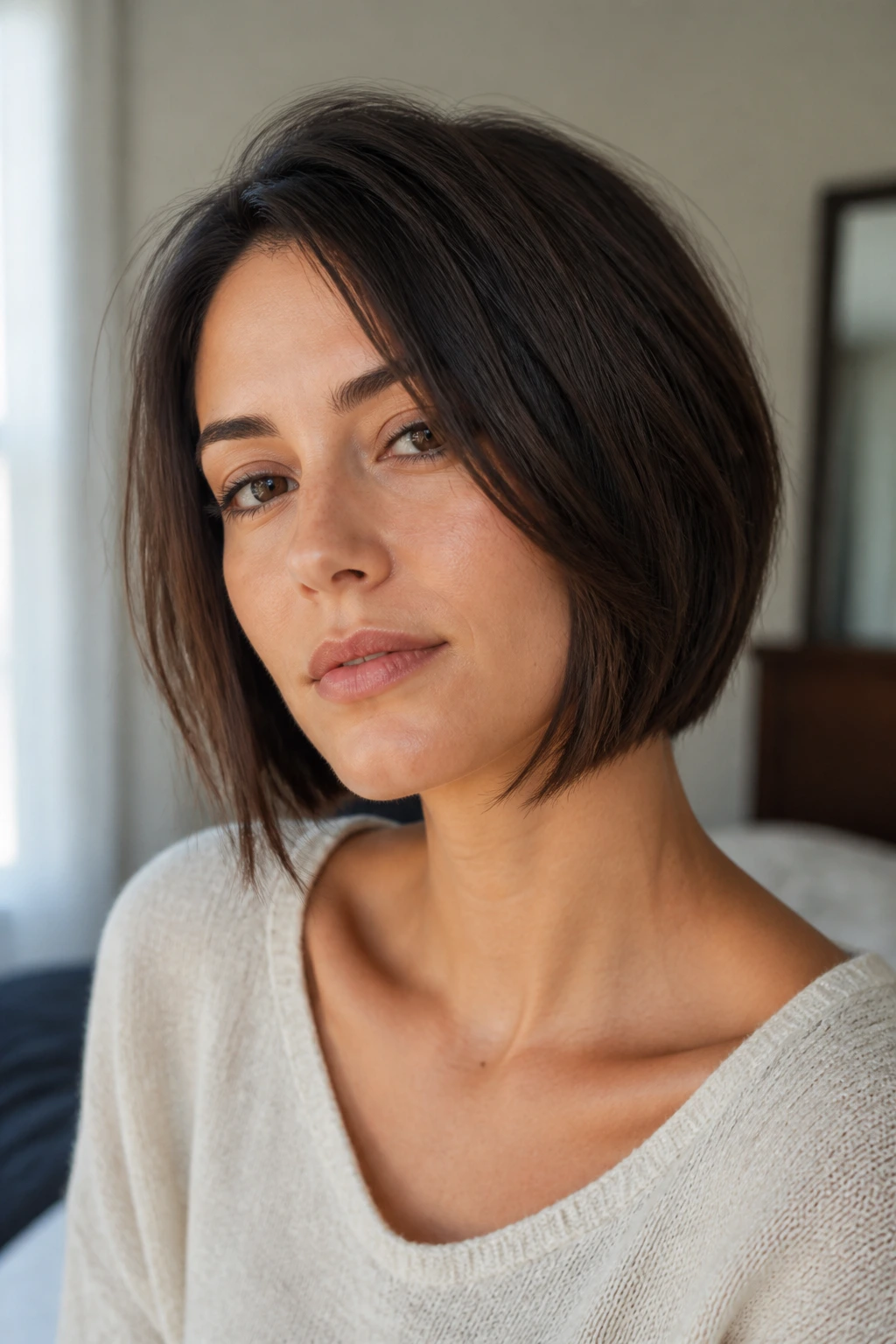 Close-up portrait of a real woman with a barely-there angled bob
