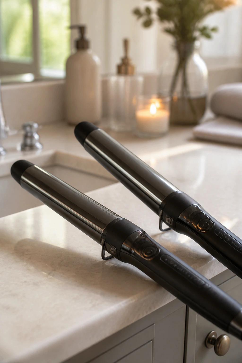 Close-up of curling wands with different barrel sizes in a bathroom setting