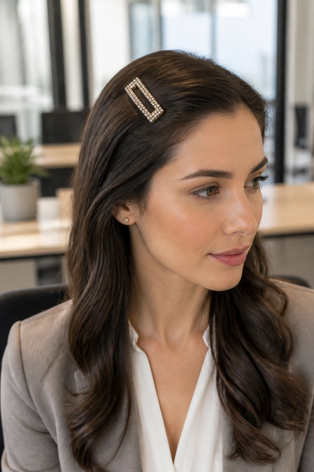 Close-up of a geometric jeweled barrette clipped into hair at the crown