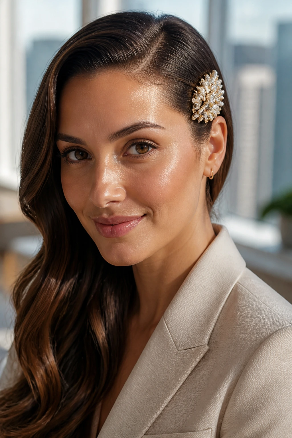 Close-up of a real woman with hair swept to one side secured by a large decorative barrette