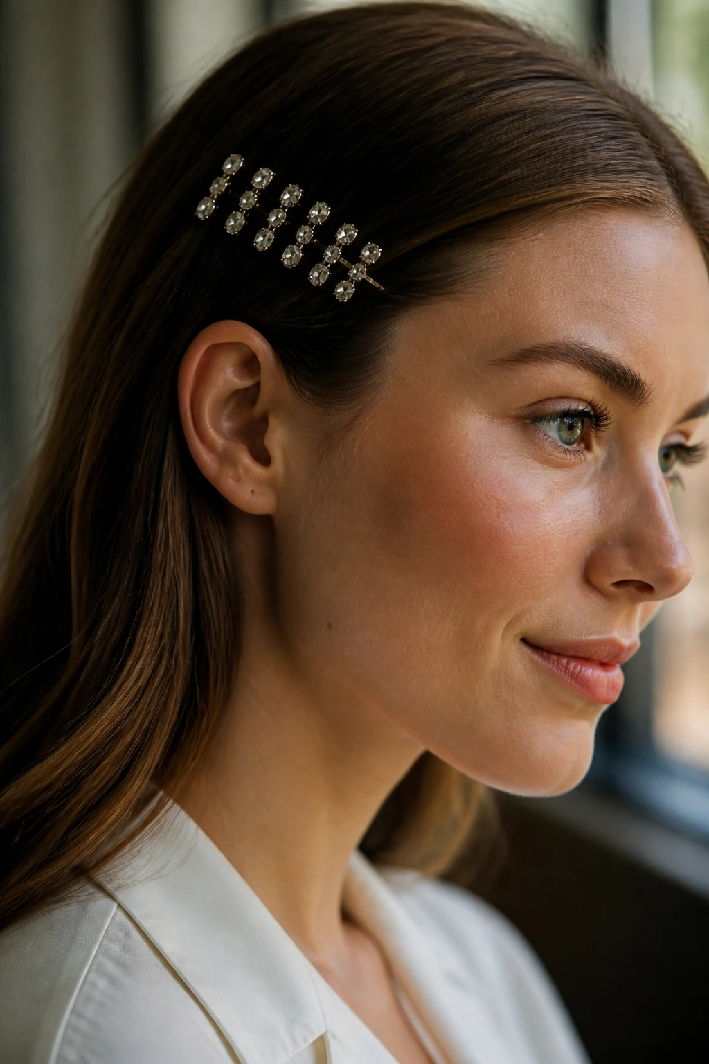 Woman with a row of jeweled barrette clips along the side of her head