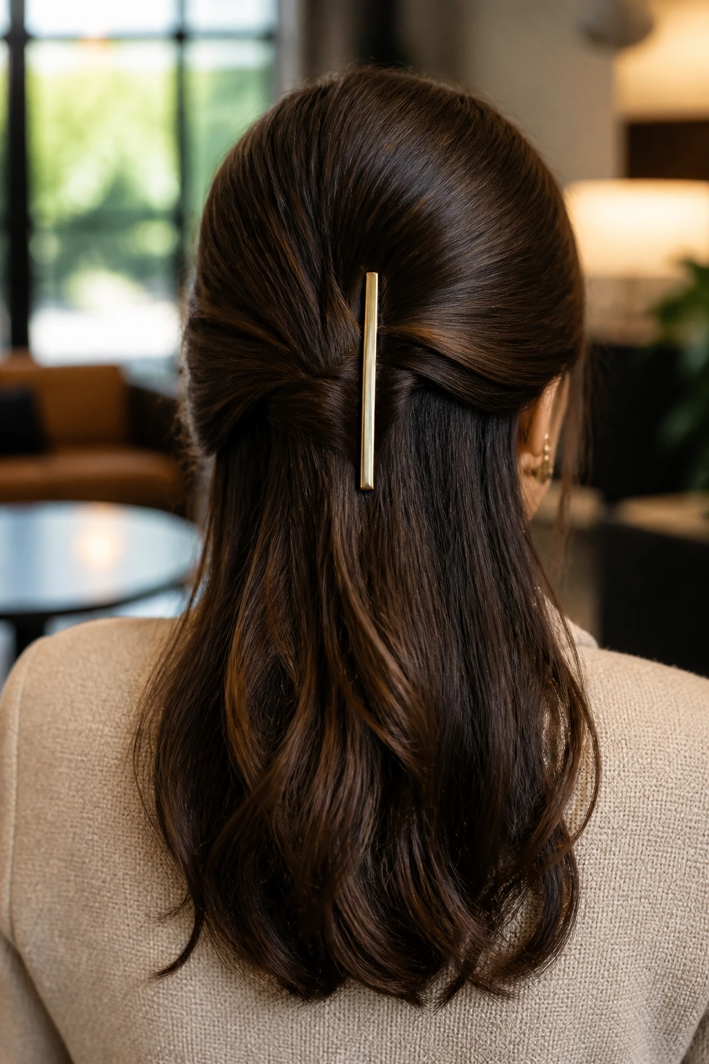 Rear view of a woman wearing a vertical barrette tuck hairstyle in an office