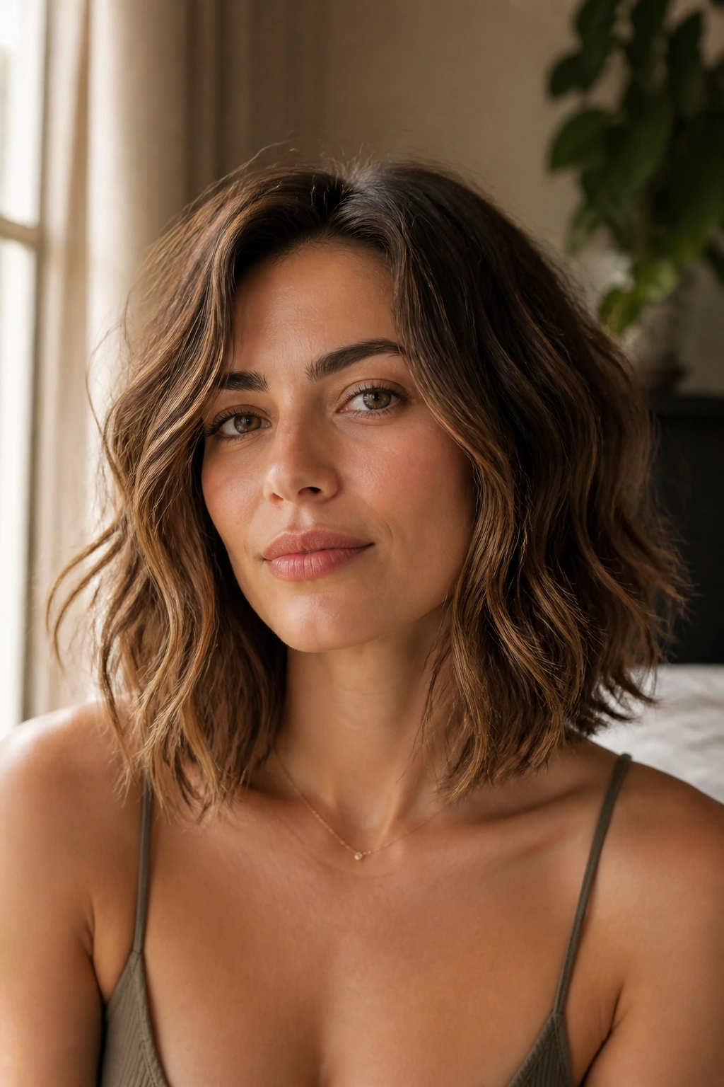 Close-up portrait of a real woman with undone beach-wave lob at collarbone in sunlit room