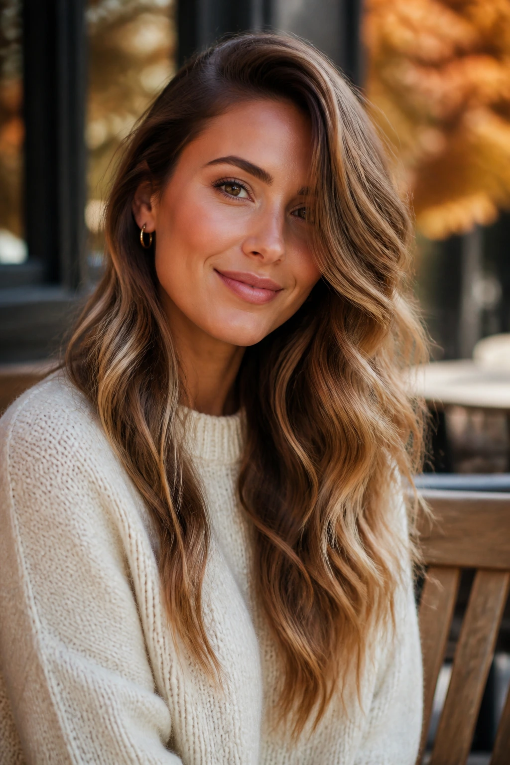 Portrait of a person with soft beach waves and a deep side sweep in autumn light