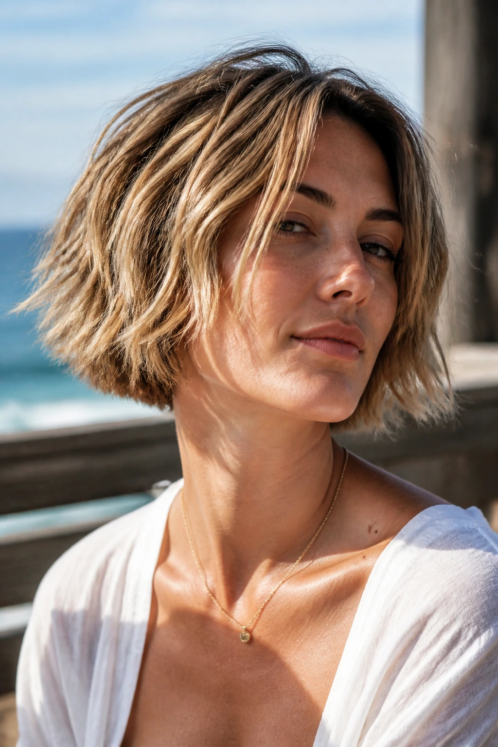 Portrait of a real woman with a beachy choppy bob on an outdoor terrace.