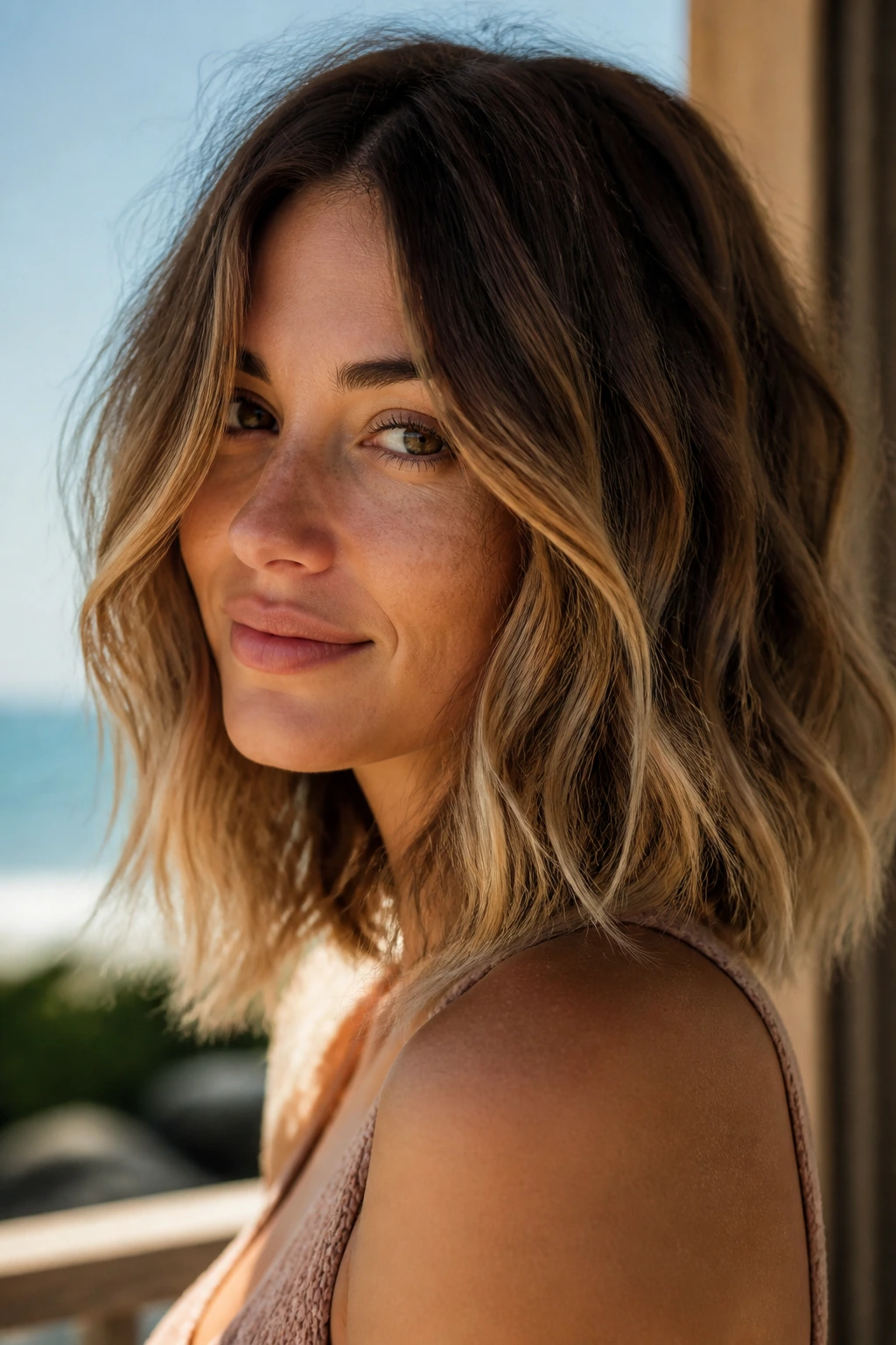 Portrait of a real woman with beachy waves and sun-kissed ends on a lob