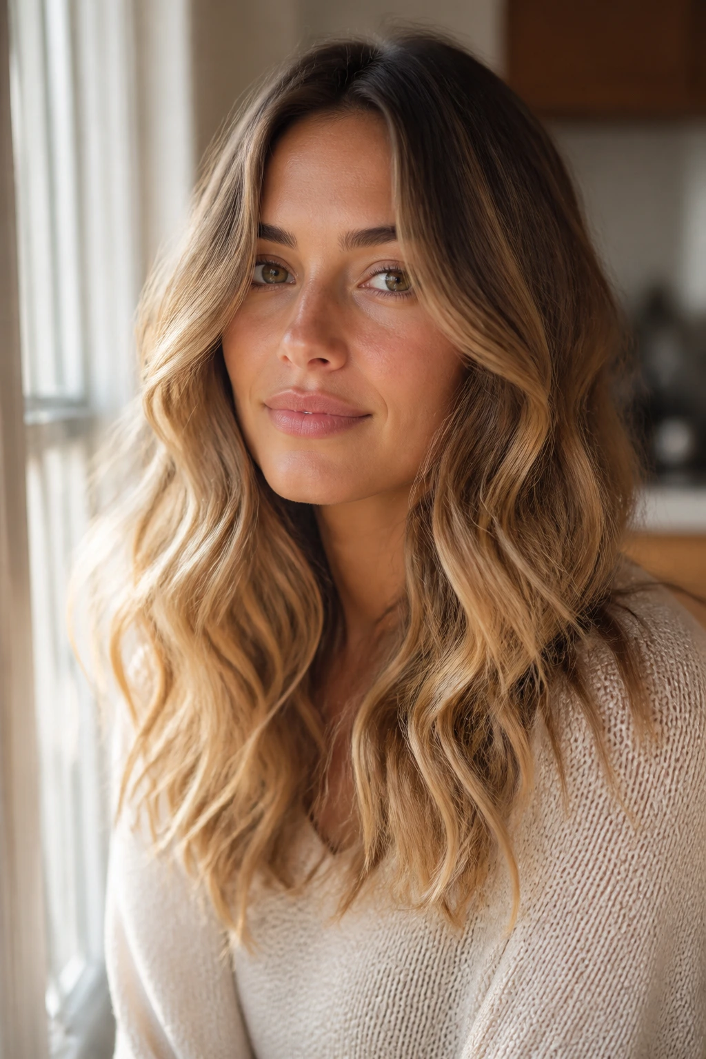 Close-up of a real woman with soft beachy waves