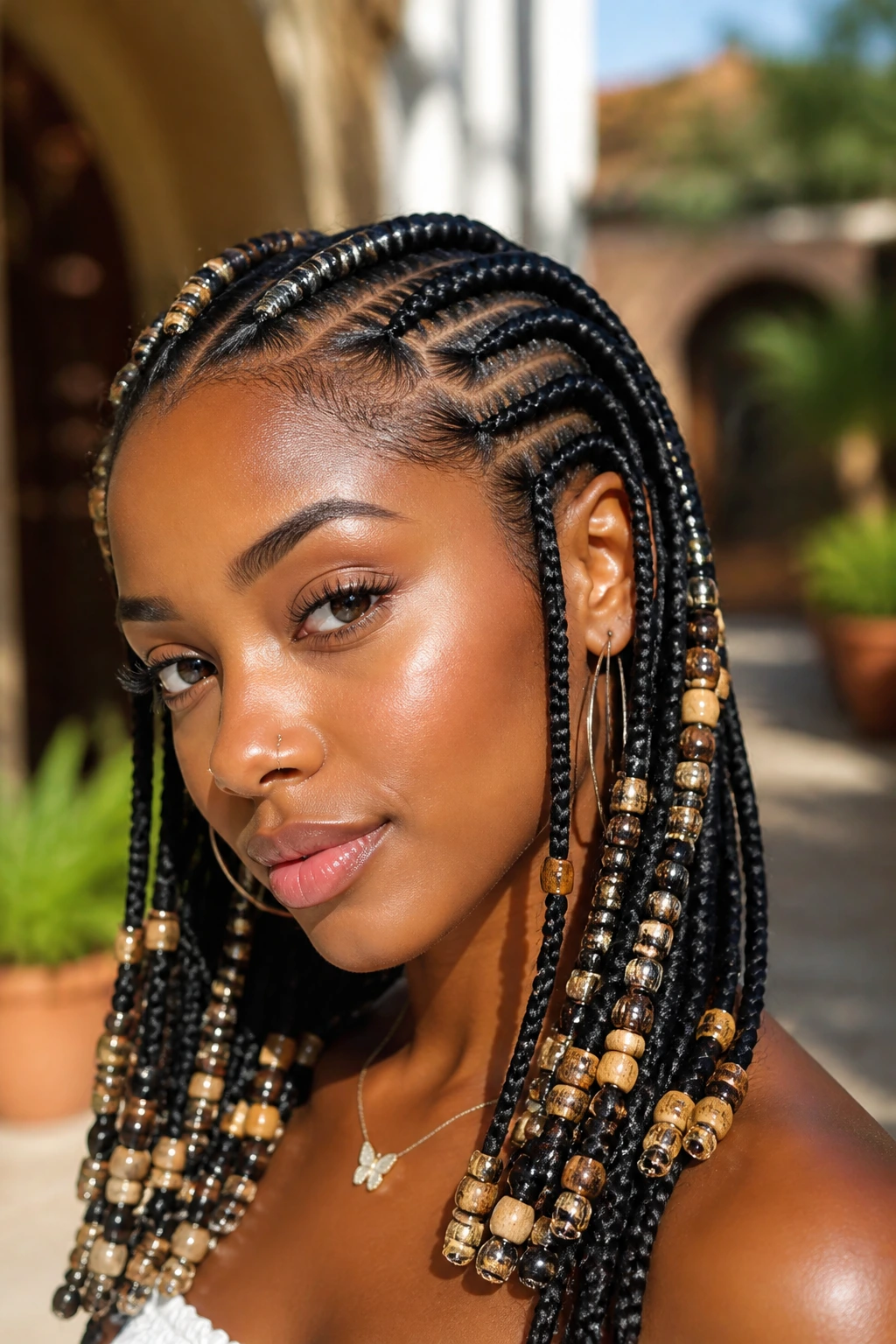 Close-up of beaded cornrows on a real person