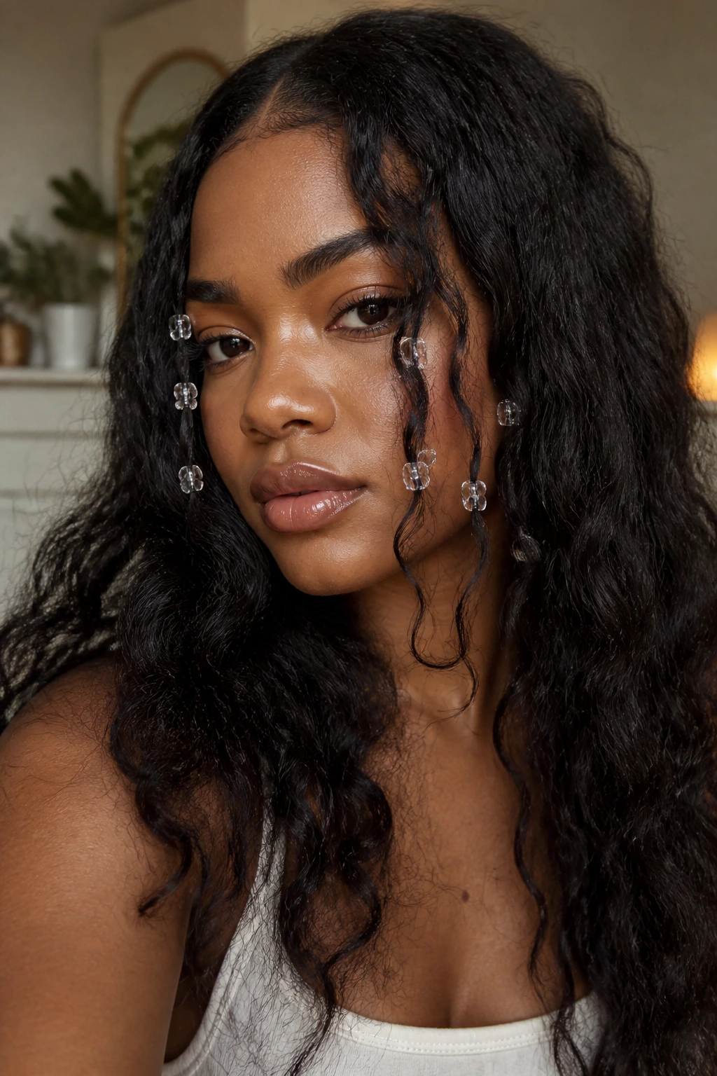 Close-up of face-framing beaded fringe on thick hair
